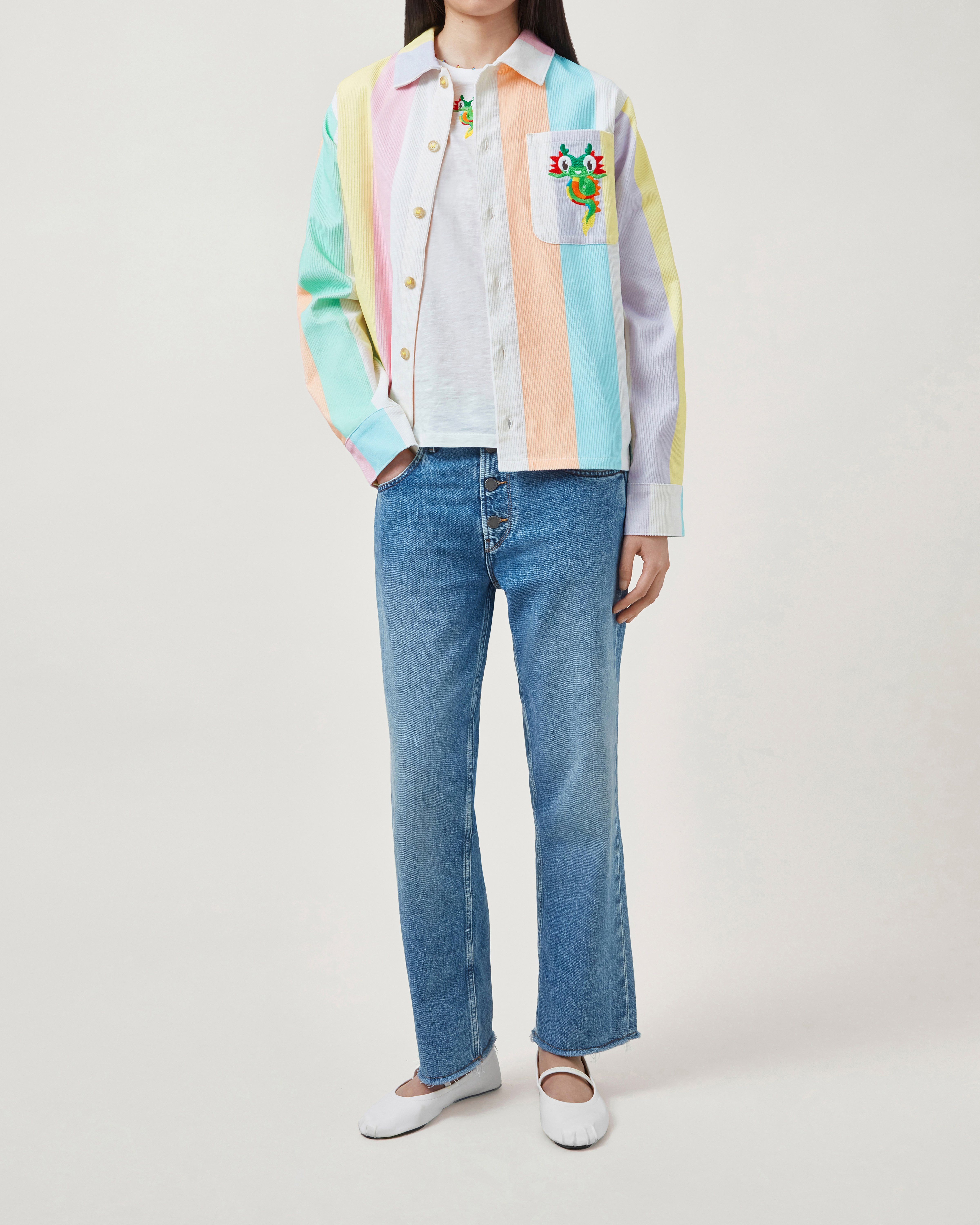 Model wearing Mulberry x Mira Mikati corduroy overshirt multicolour