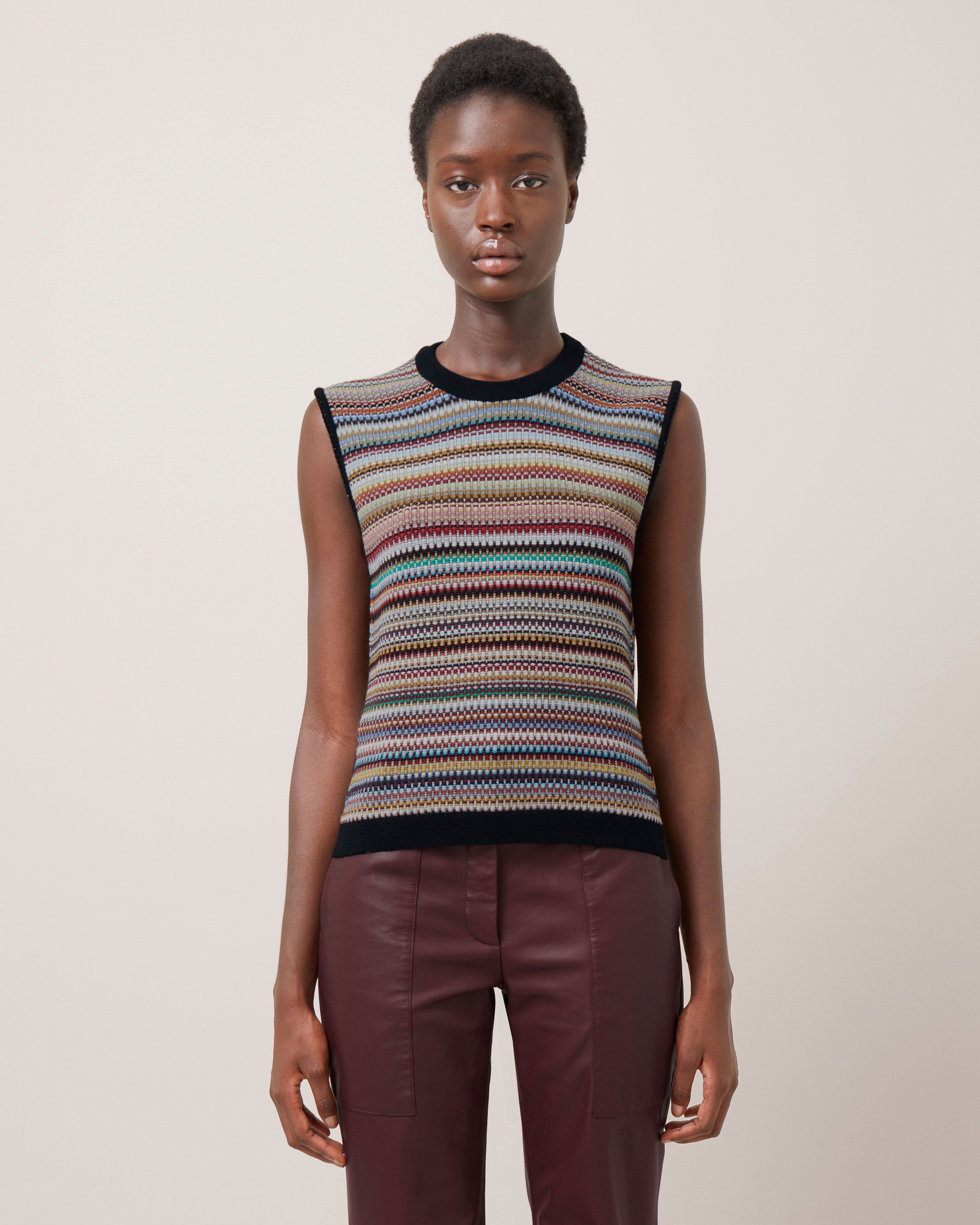 model wearing mulberry Paul Smith Women's Knitted Vest striped