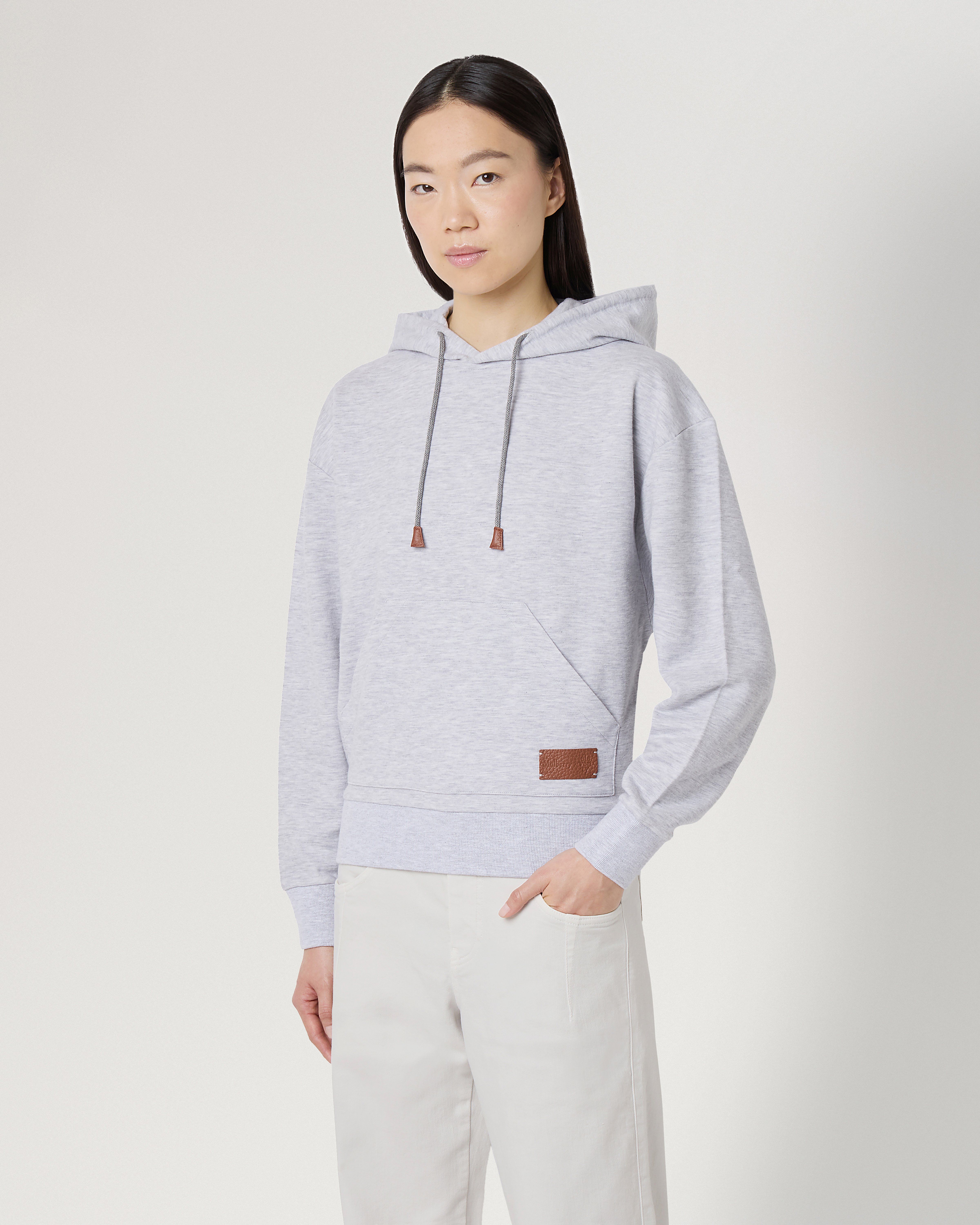 Model wearing the Mulberry x Eleventy Drawstring Hooded Ladies Sweatshirt in Grey