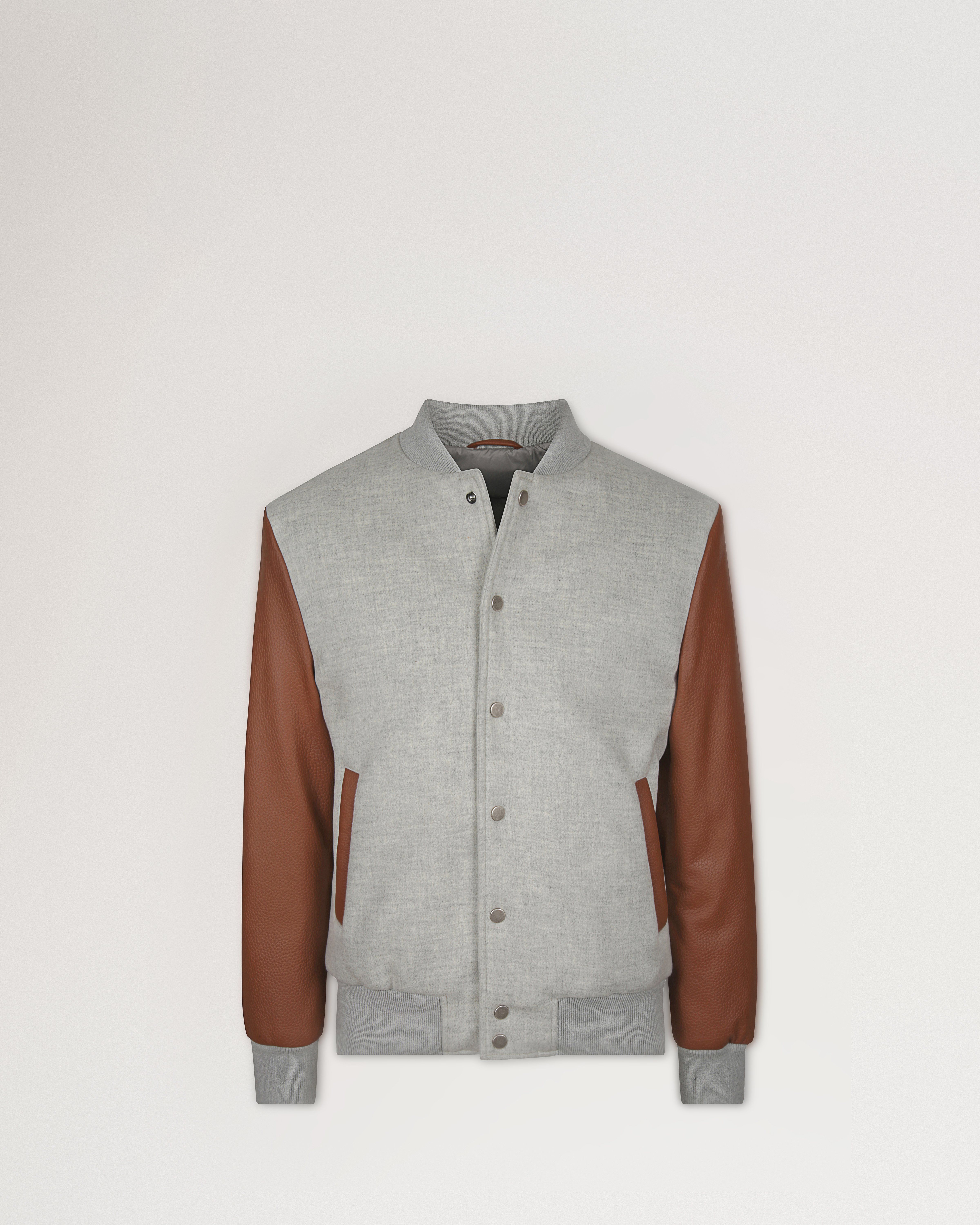 Mulberry x Eleventy Leather Sleeve Varsity Jacket in Grey Melange & Chestnut