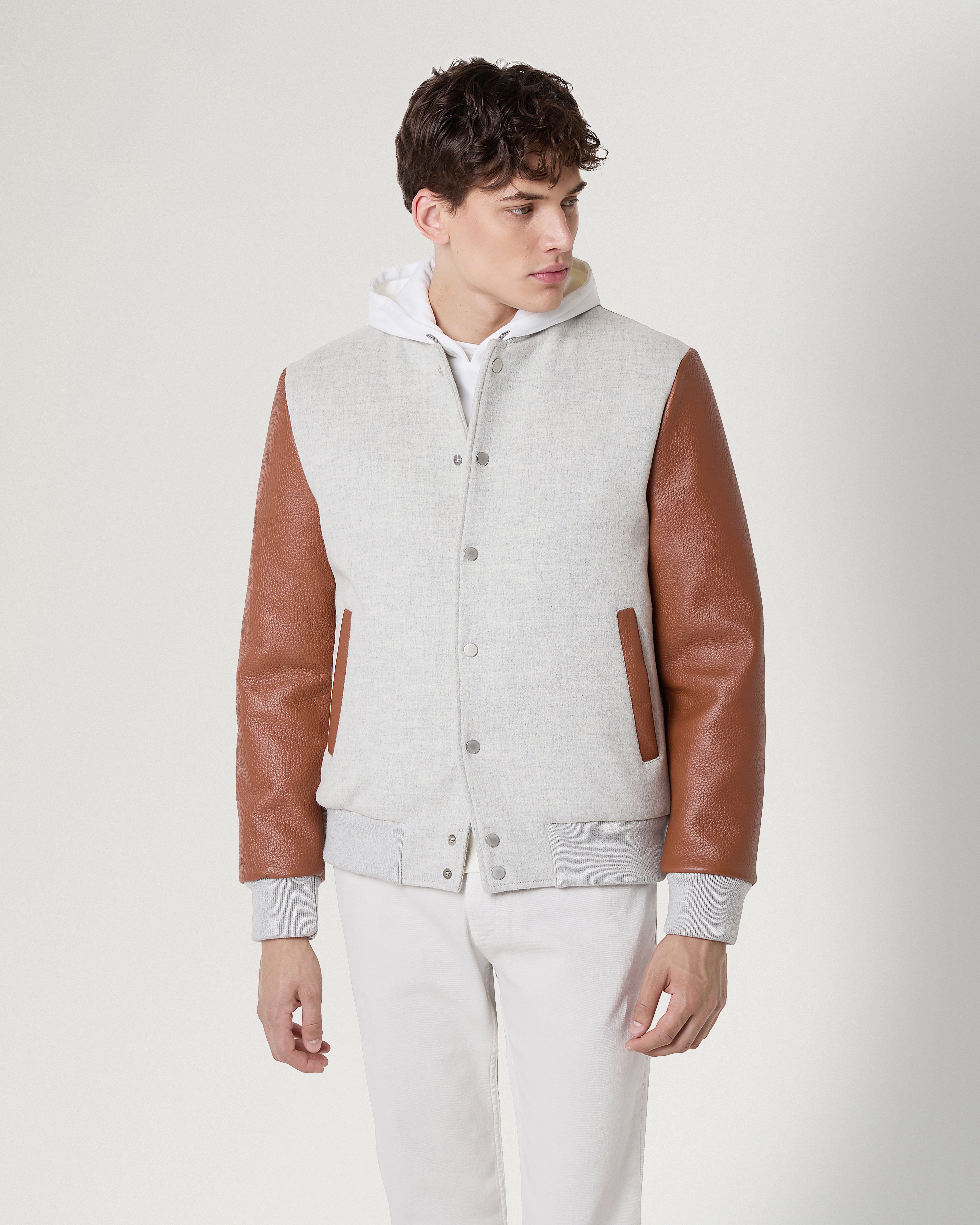 Mulberry x Eleventy Leather Sleeve Varsity Jacket in Grey Melange & Chestnut