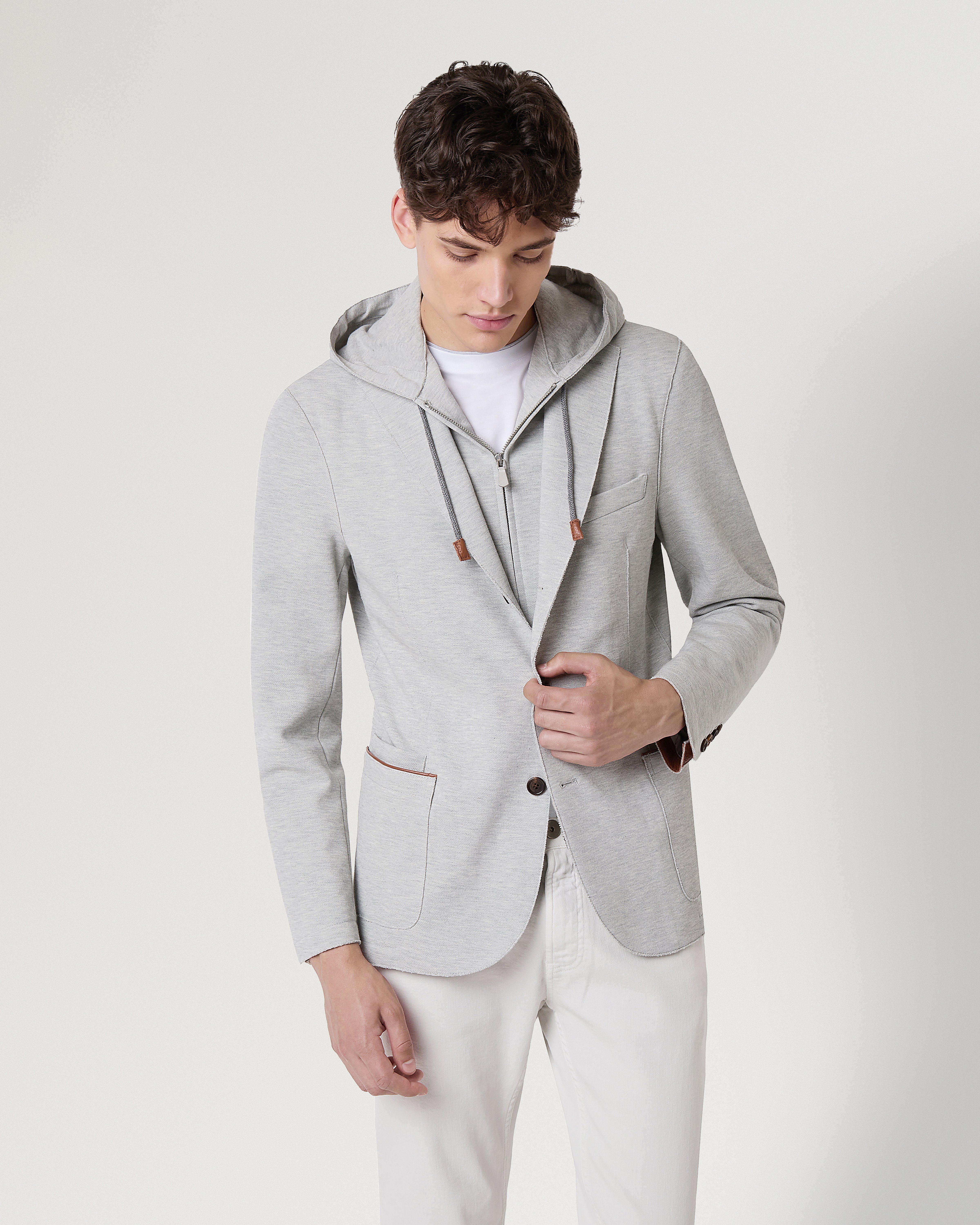 Model wearing the Mulberry x Eleventy Single Breasted Hooded Blazer in Grey