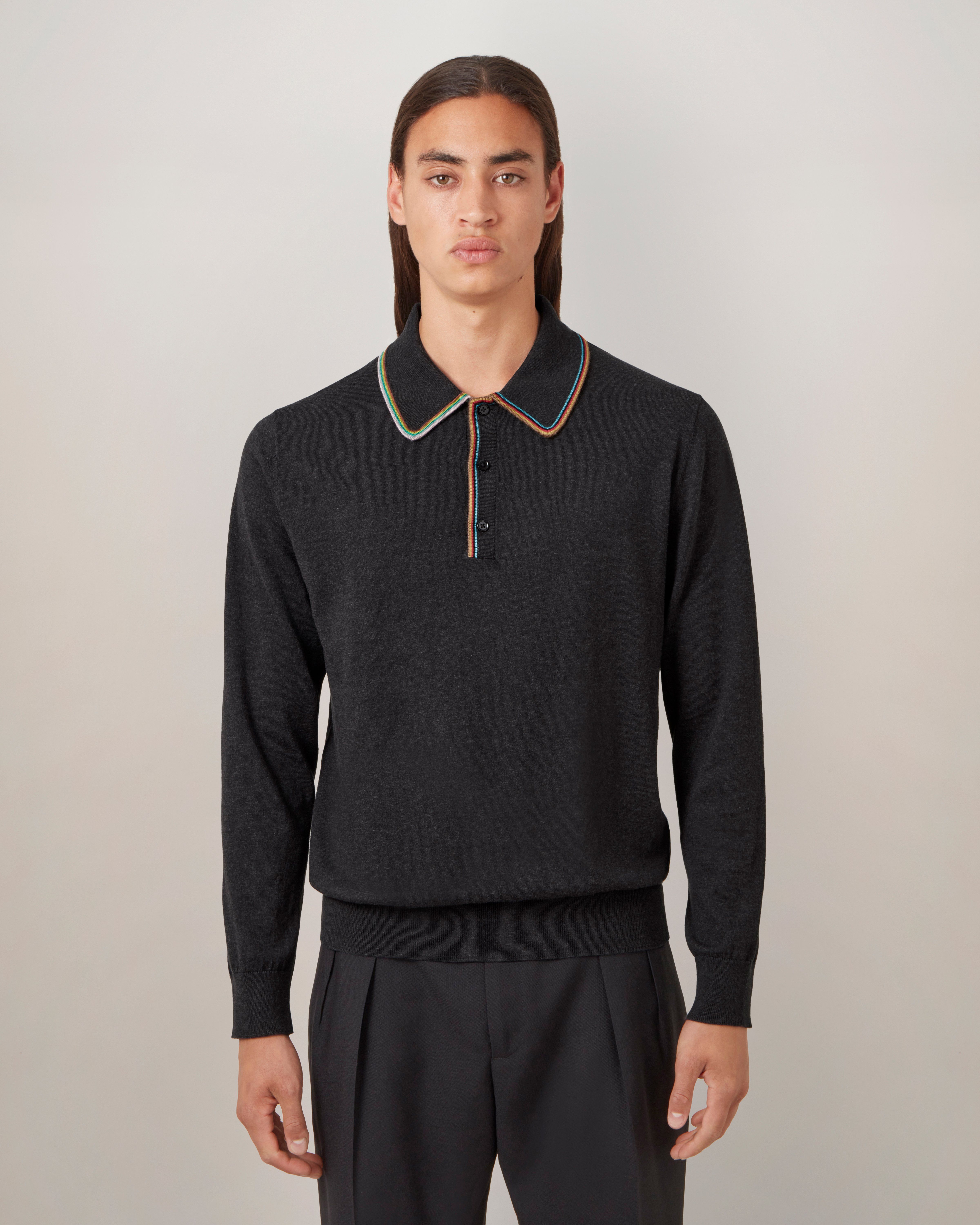 model wearing mulberry paul smith Men's Sweater Polo in black