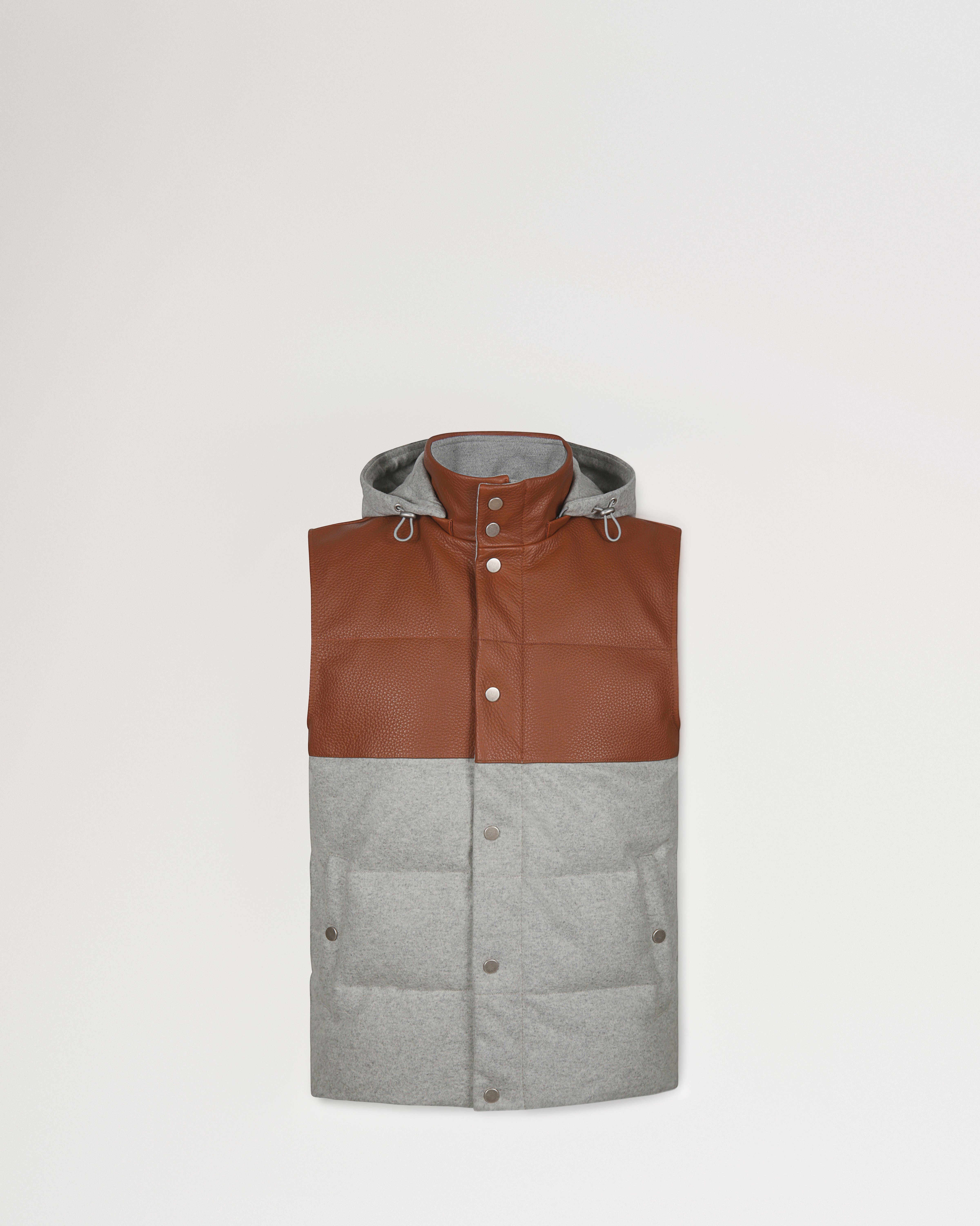 Mulberry x Eleventy Leather Yoke Hooded Gilet in Grey and Chestnut