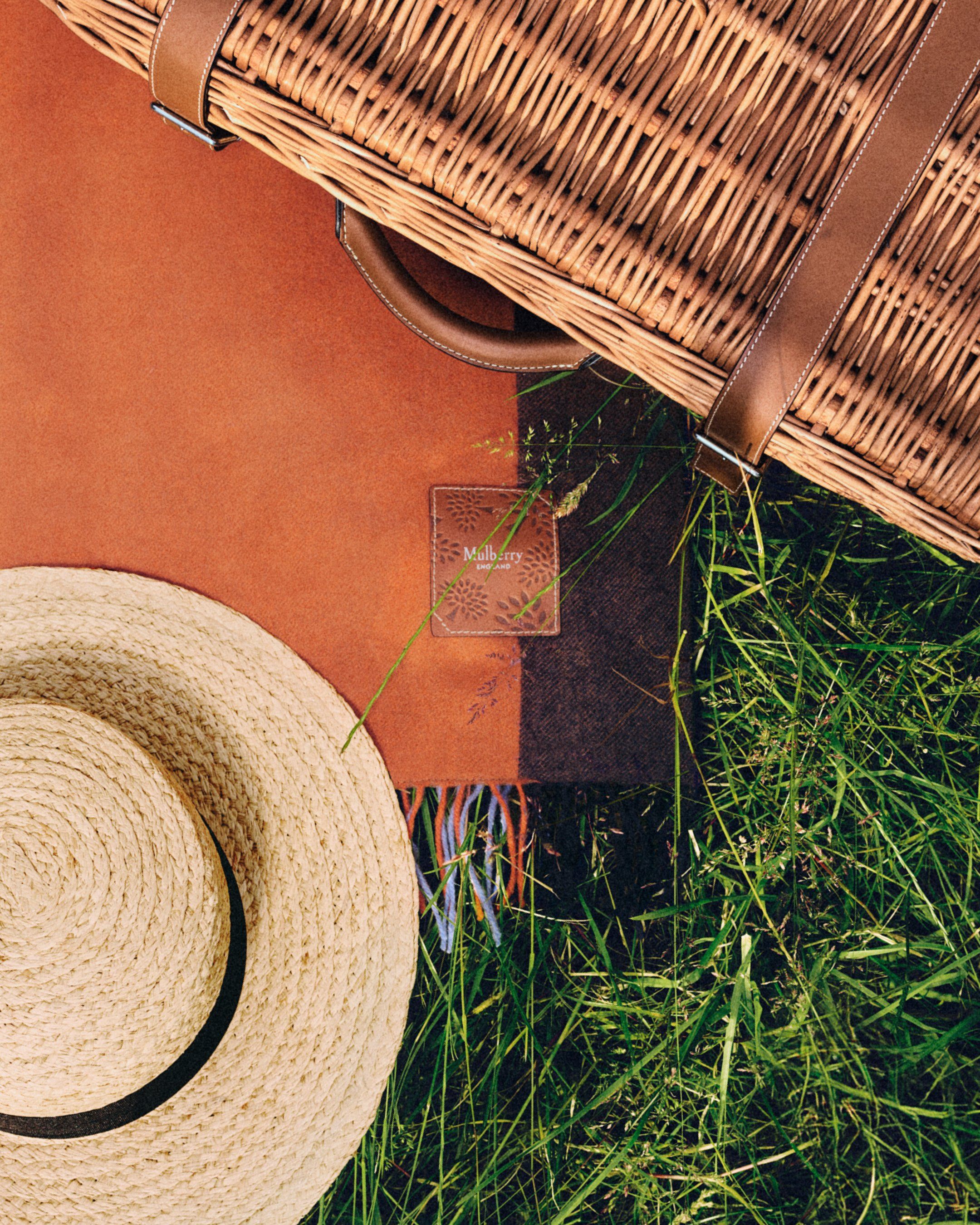 Mulberry Picnic Blanket, picnic basket and raffia hat