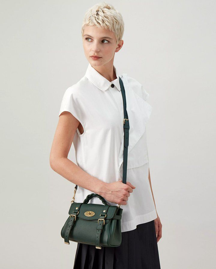 Model wearing Mini Alexa in Mulberry Green Heavy Grain