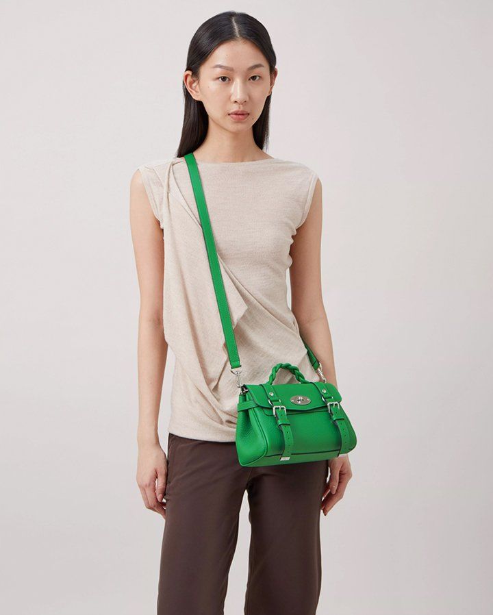 Model wearing Mini Alexa in Lawn Green Heavy Grain