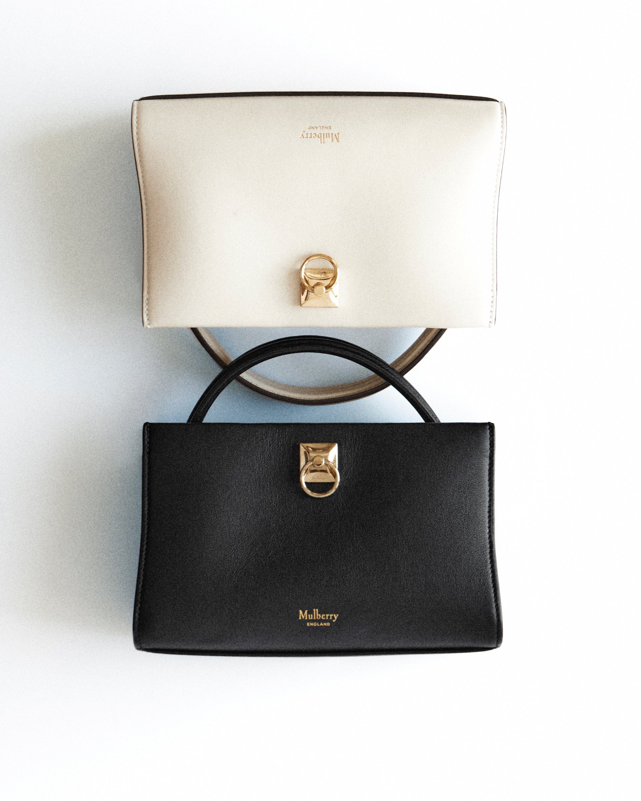 Two Mulberry Mini Iris bags in black and white leather