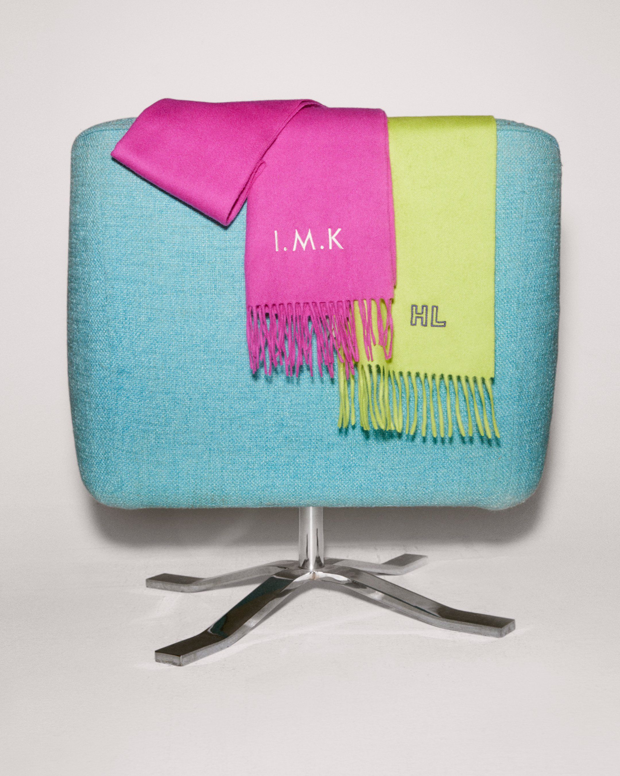 Mulberry monogrammed scarves in mulberry pink and acid green