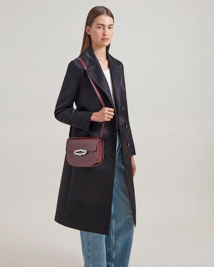 Model wearing the Mulberry Pimlico Satchel in Black Cherry Super Lux Calf leather