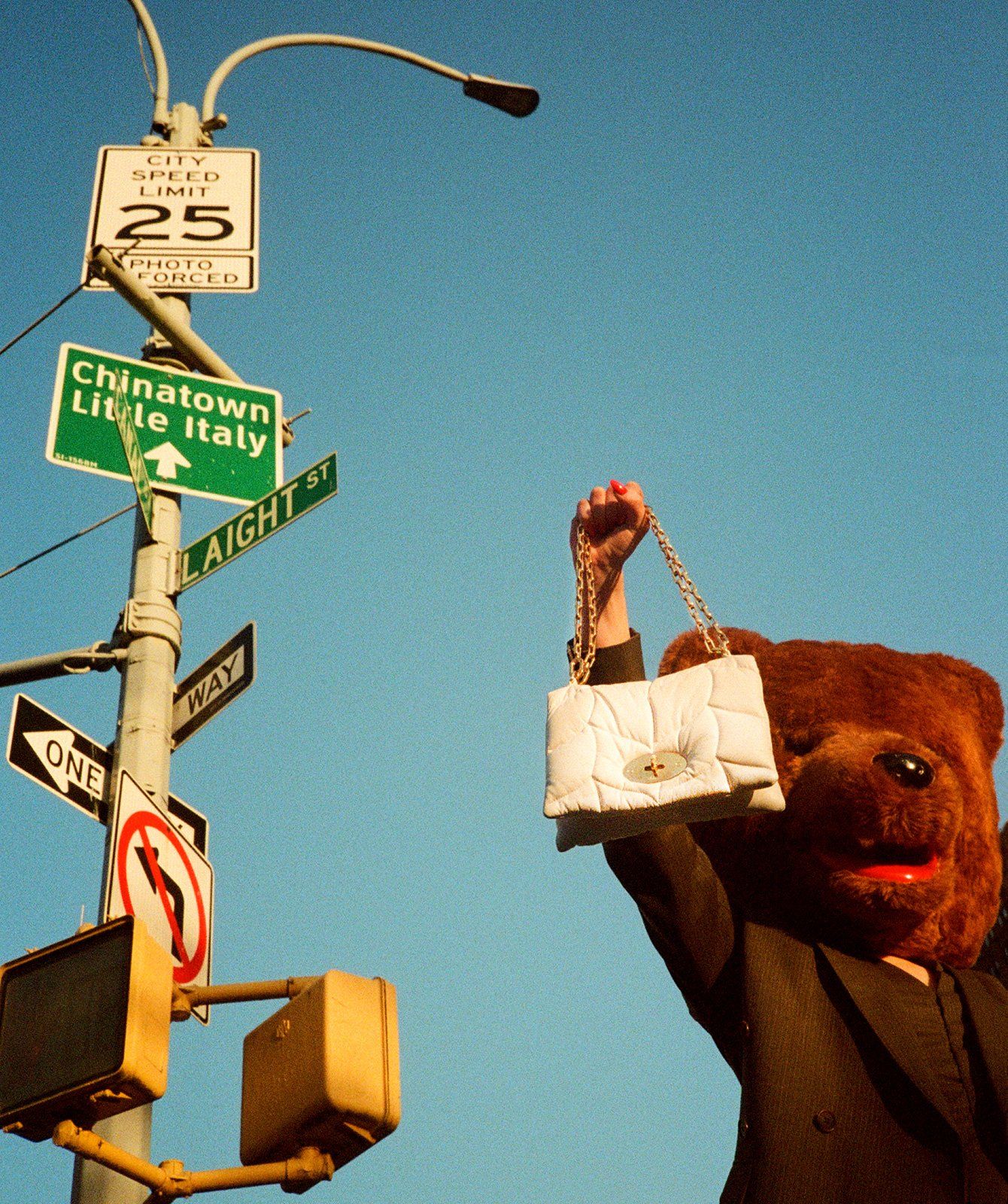 Person with a bear head holding up a Softie handbag in white next to s street sign