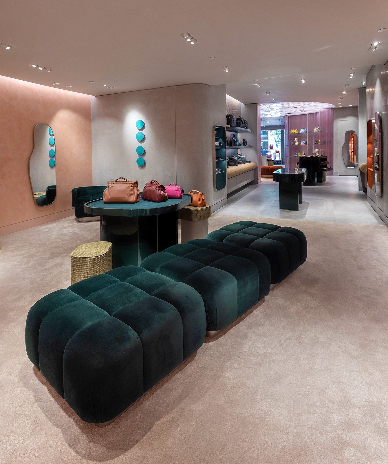 Green sofas in the Mulberry store in Wooster Street, New York