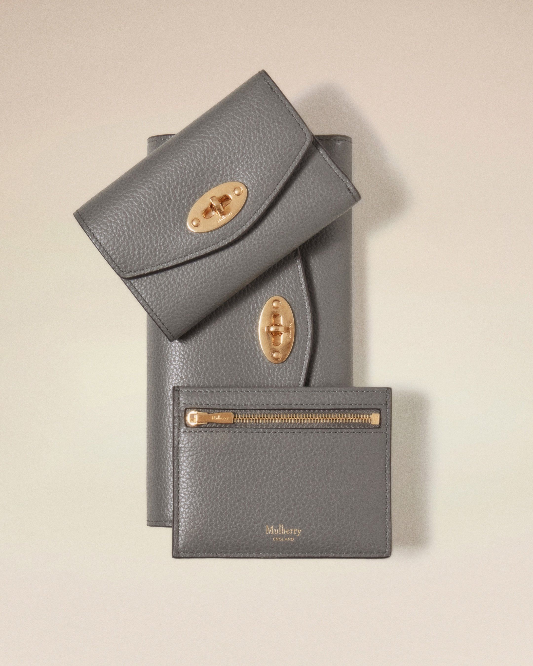 Mulberry Trio of Darley wallets and zipped credit card slip in Charcoal