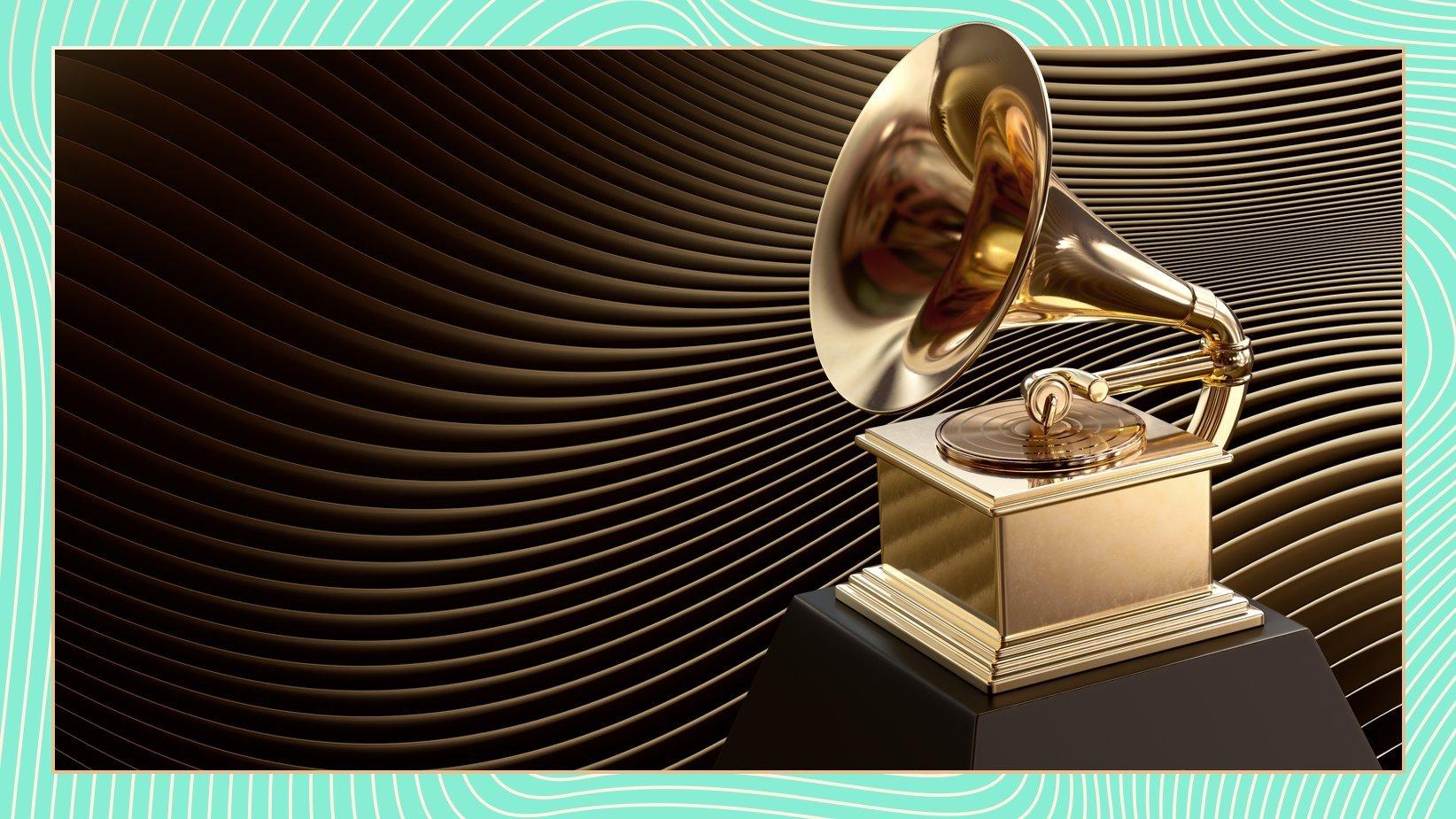 A graphic promoting the 2026 Grammys. The graphic features a Grammy Award statue atop a graphic design of gold waves on a black background surrounded by a bright teal border.