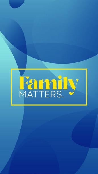 Logo artwork for the Recording Academy's Family Matters video series. The words "Family  Matters" are written in yellow with a yellow box surrounding the words on top of a light-blue background.