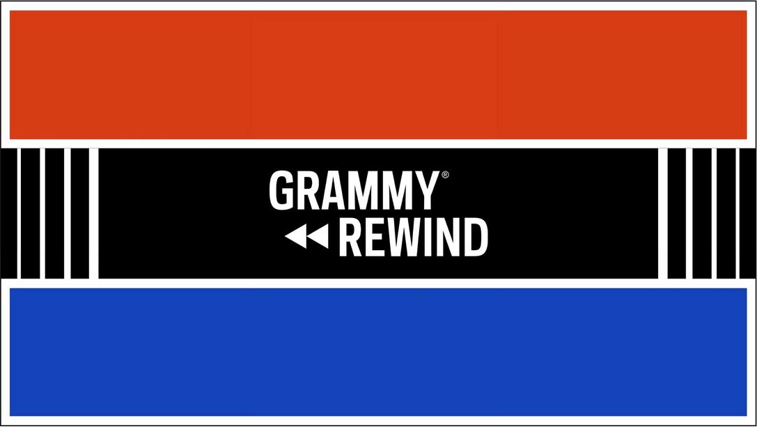 A graphic promoting the Recording Academy's GRAMMY Rewind video series. The words "GRAMMY Rewind" are written in white text atop a black, red, and blue background.