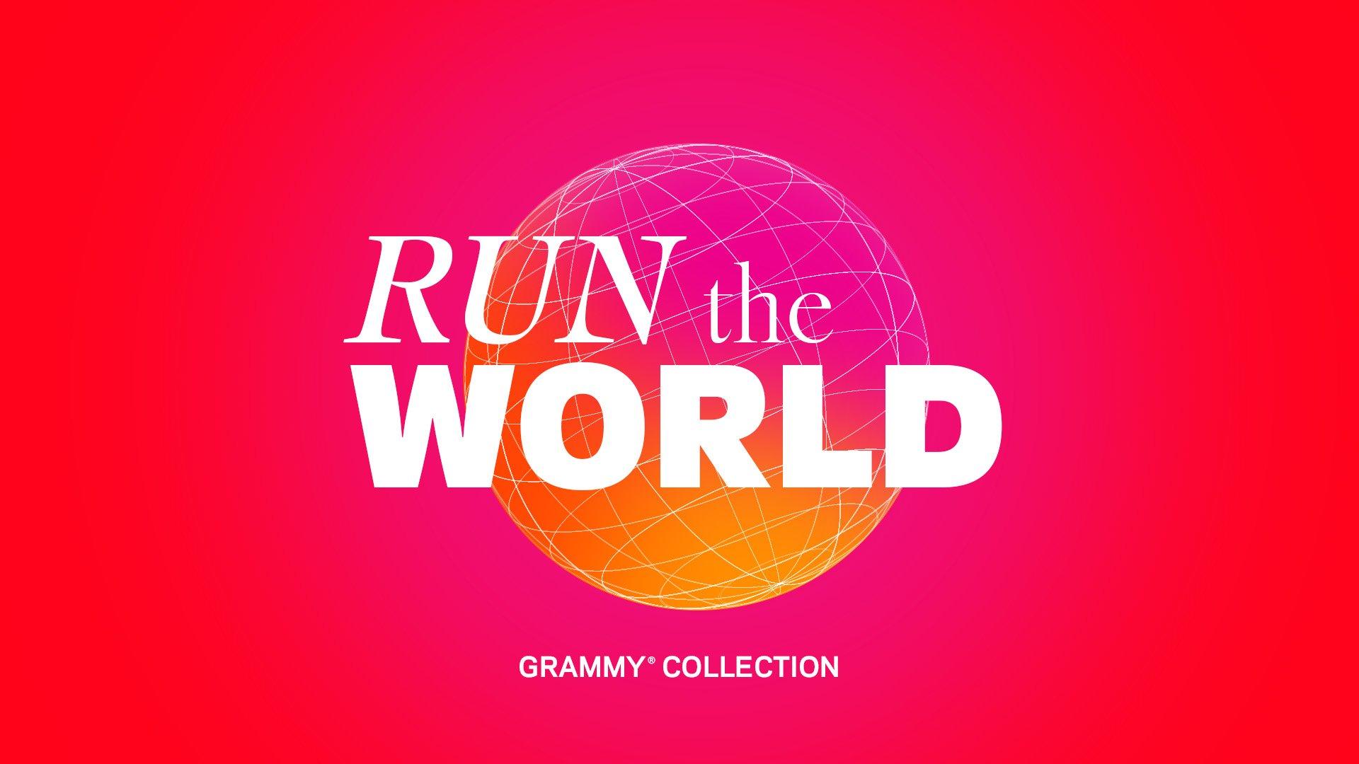 The series logo for the Recording Academy's Run The World video series. The words "Run The World" are written in white on top of a red and orange background that contains an image of the world.