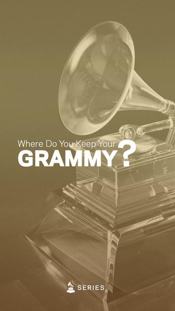 Artwork for the Recording Academy's Where Do You Keep Your GRAMMY? video series. The words "Where Do You Keep Your GRAMMY?" are written in white atop a light gold background featuring a GRAMMY Award statue.