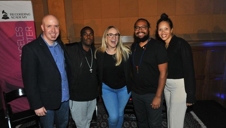 Photo:  Advocates educate members on advocacy at a town hall in LA (L to R): Academy’s Todd Dupler, songwriters Rodney Jerkins, MoZella, and Om’Mas Keith, and Academy’s Kelley Purcell (Photo by Jerod Harris/WireImage for the Recording Academy)