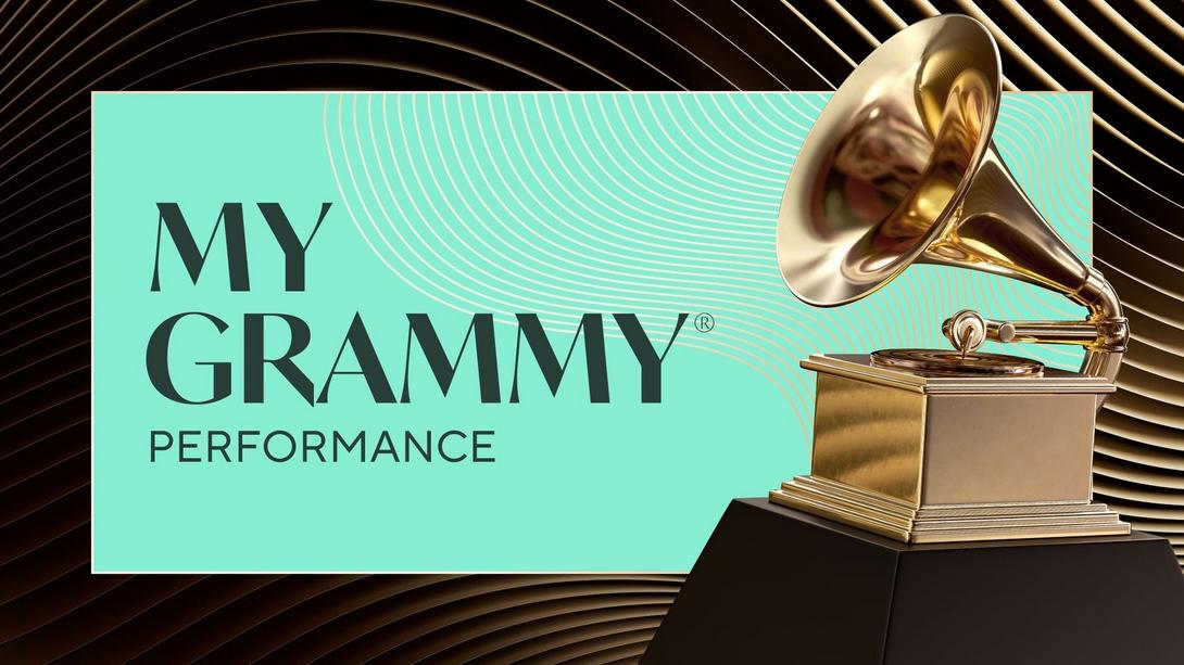 A graphic promoting the Recording Academy's My GRAMMY Performance video interview series. The words "My GRAMMY® Performance" are written in black font atop a turquoise blue background with designs of white and gold waves. A GRAMMY Award trophy is aligned on the right facing to the left. The graphic features a black background with designs of gold waves.