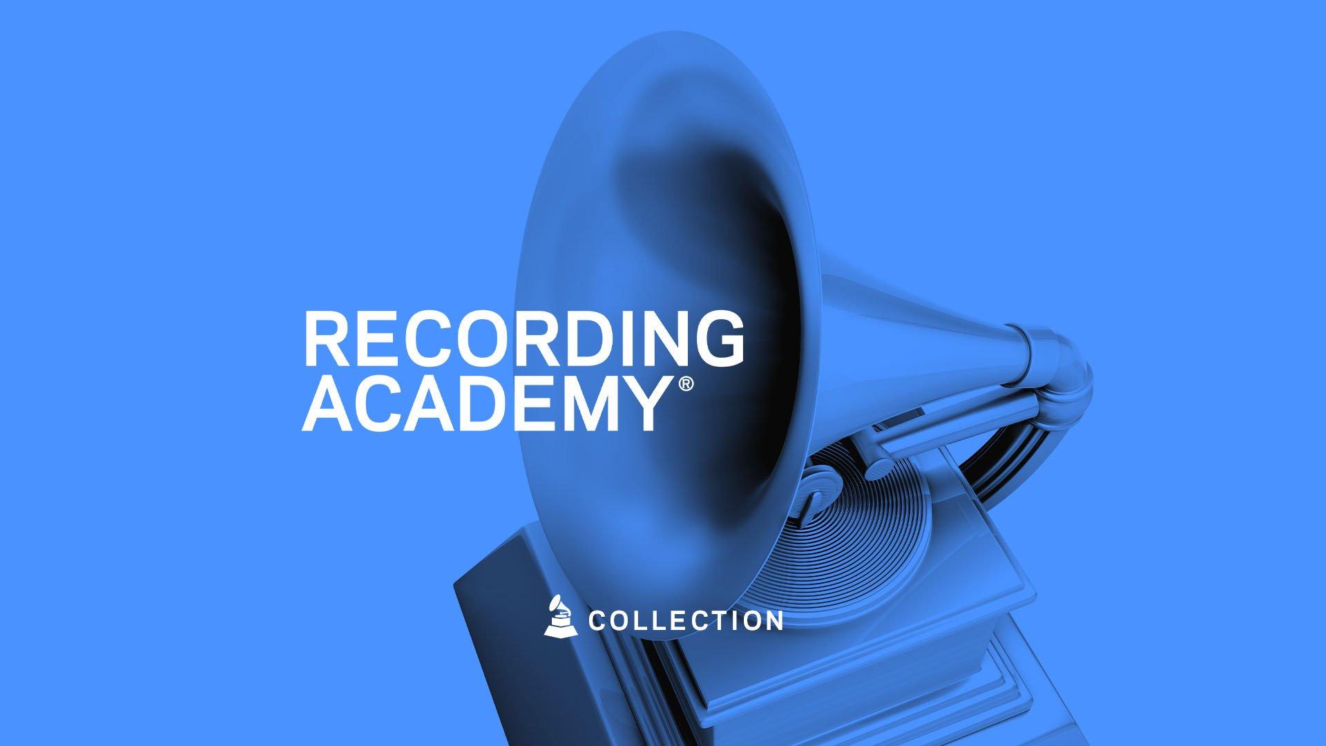 An image featuring the official logo of the Recording Recording. The image features a gray GRAMMY Award statue and the words "Recording Academy" and "Collection" written in white against a light-blue background.