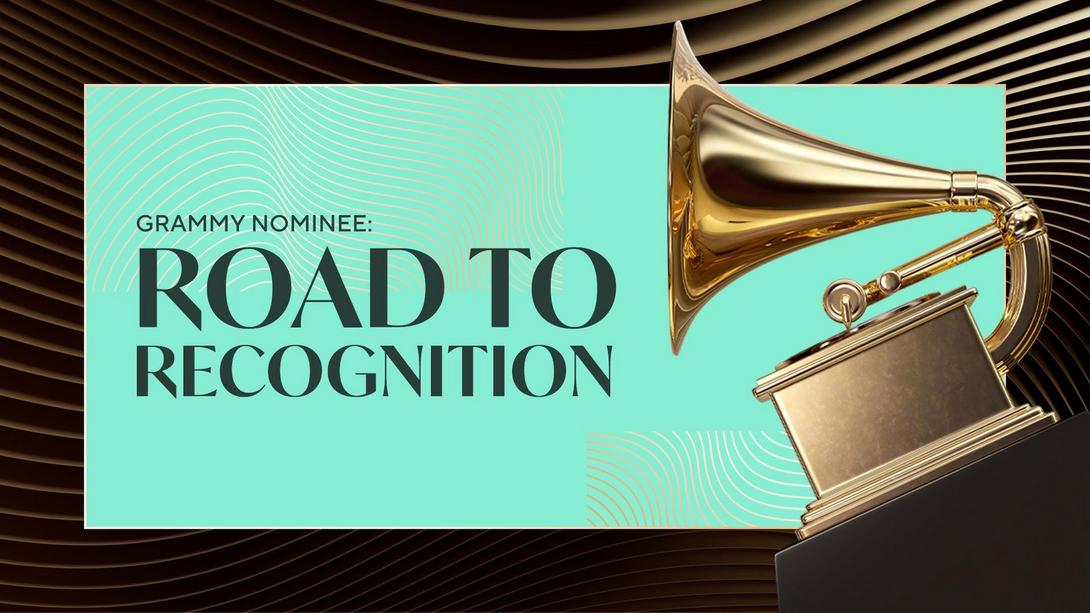 A graphic promoting the Recording Academy's Grammy Nominee: Road To Recognition video series. The words "Grammy Nominee: Road To Recognition" are written in black font next to a Grammy Award statue facing left and atop a bright green background with gold wave designs.