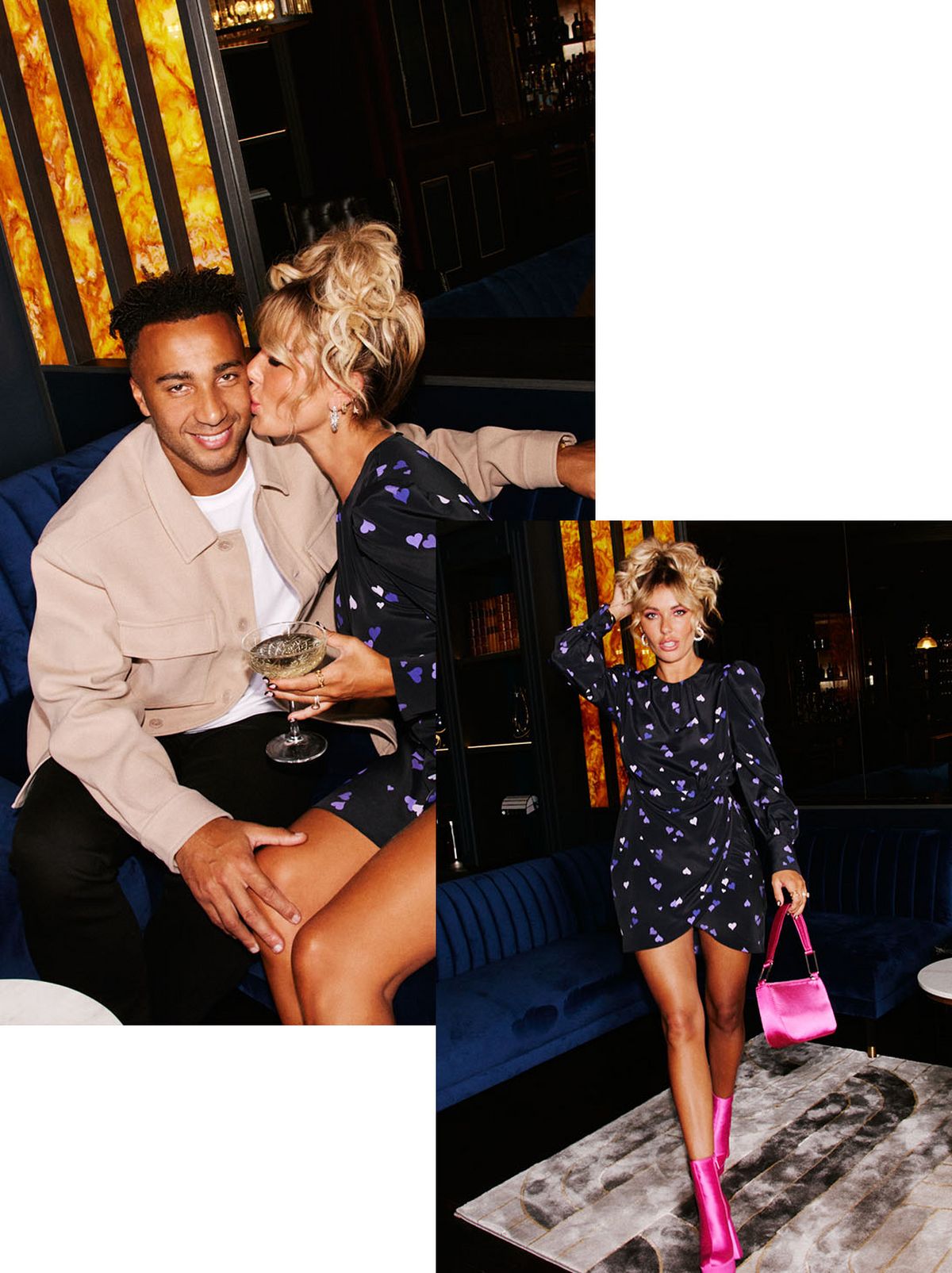 A model smiles away from the camera, she is wearing a long sleeve navy patterned dress and a pair of hot pink heels while holding a drink in the air 