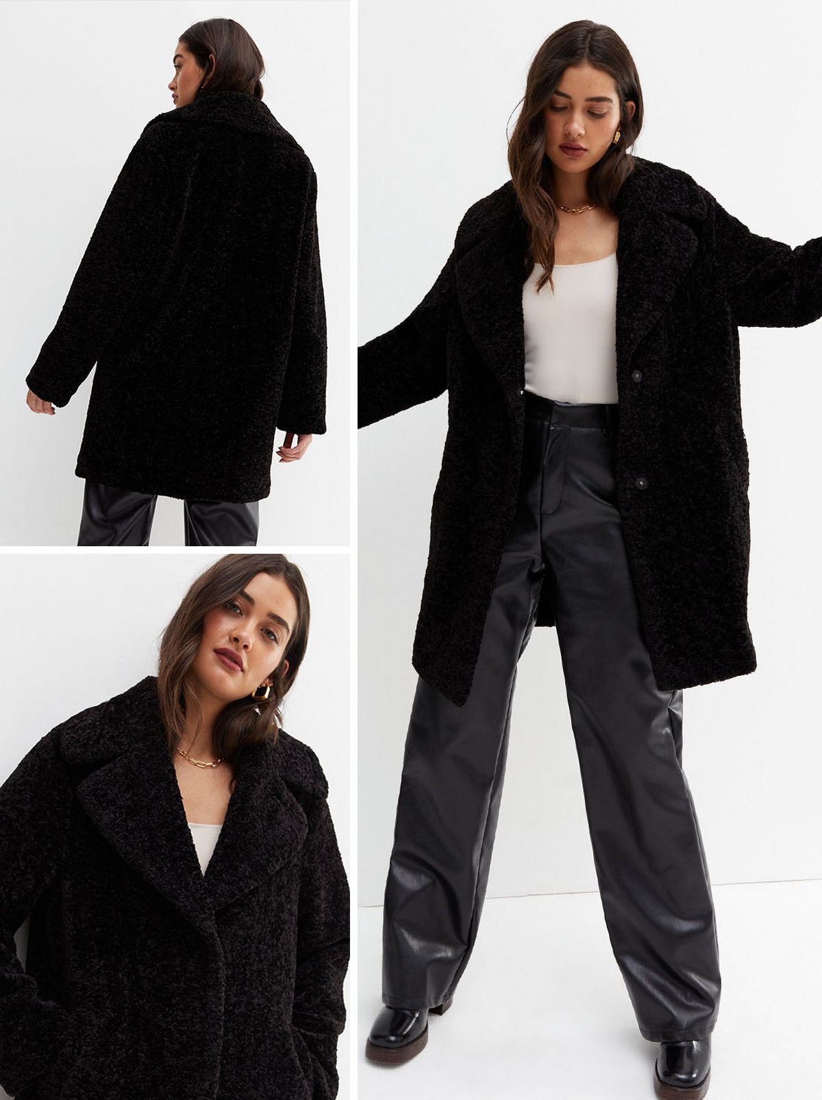A model stands in front of a white background wearing a black faux fur teddy coat and a pair of grey trousers