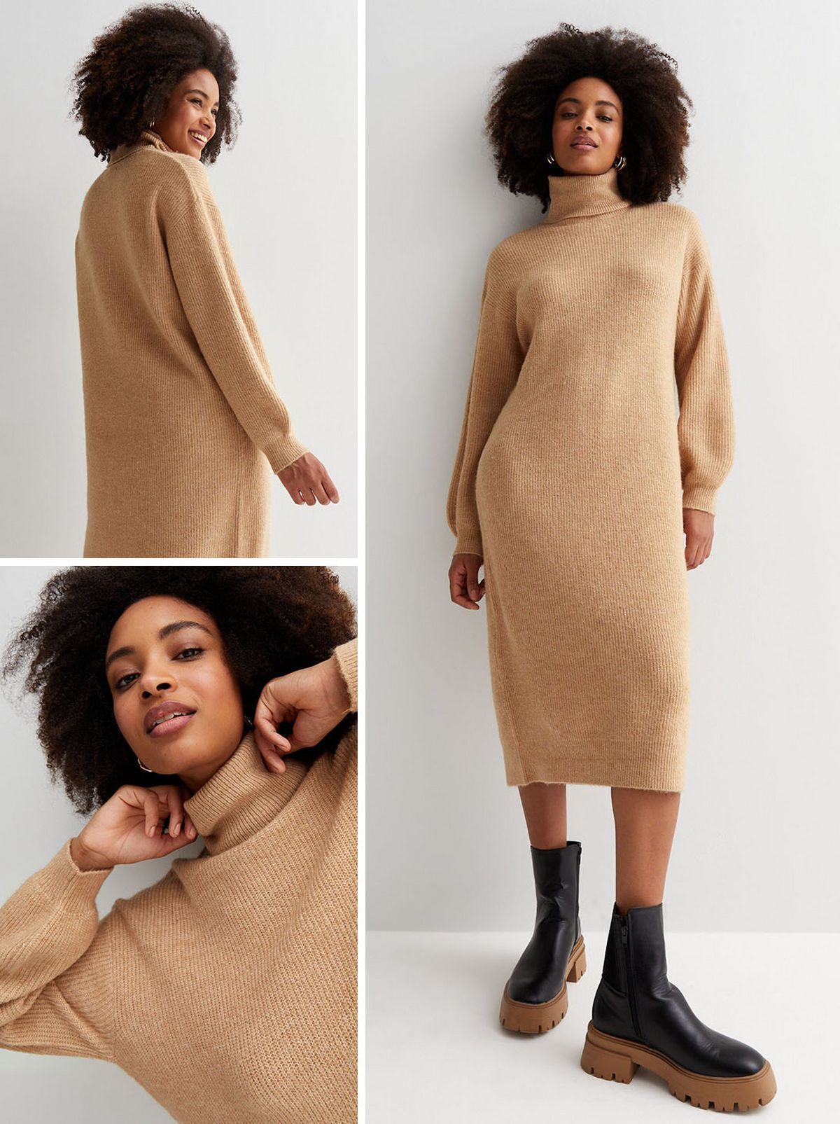 A model stands in front of a white background wearing a camel knit roll neck long sleeve midi dress