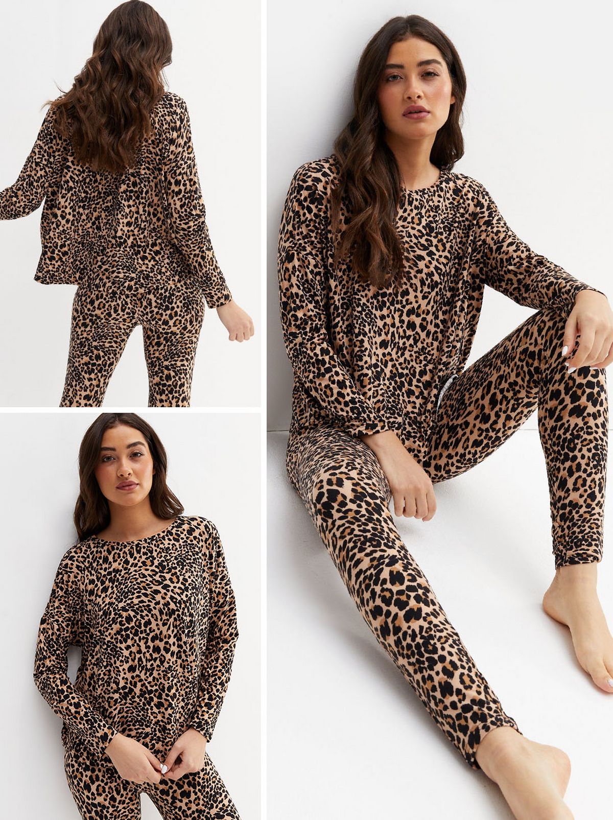 A model sits leaning on the wall of a white room wearing a matching leopard print legging and long sleeve top pyjama set