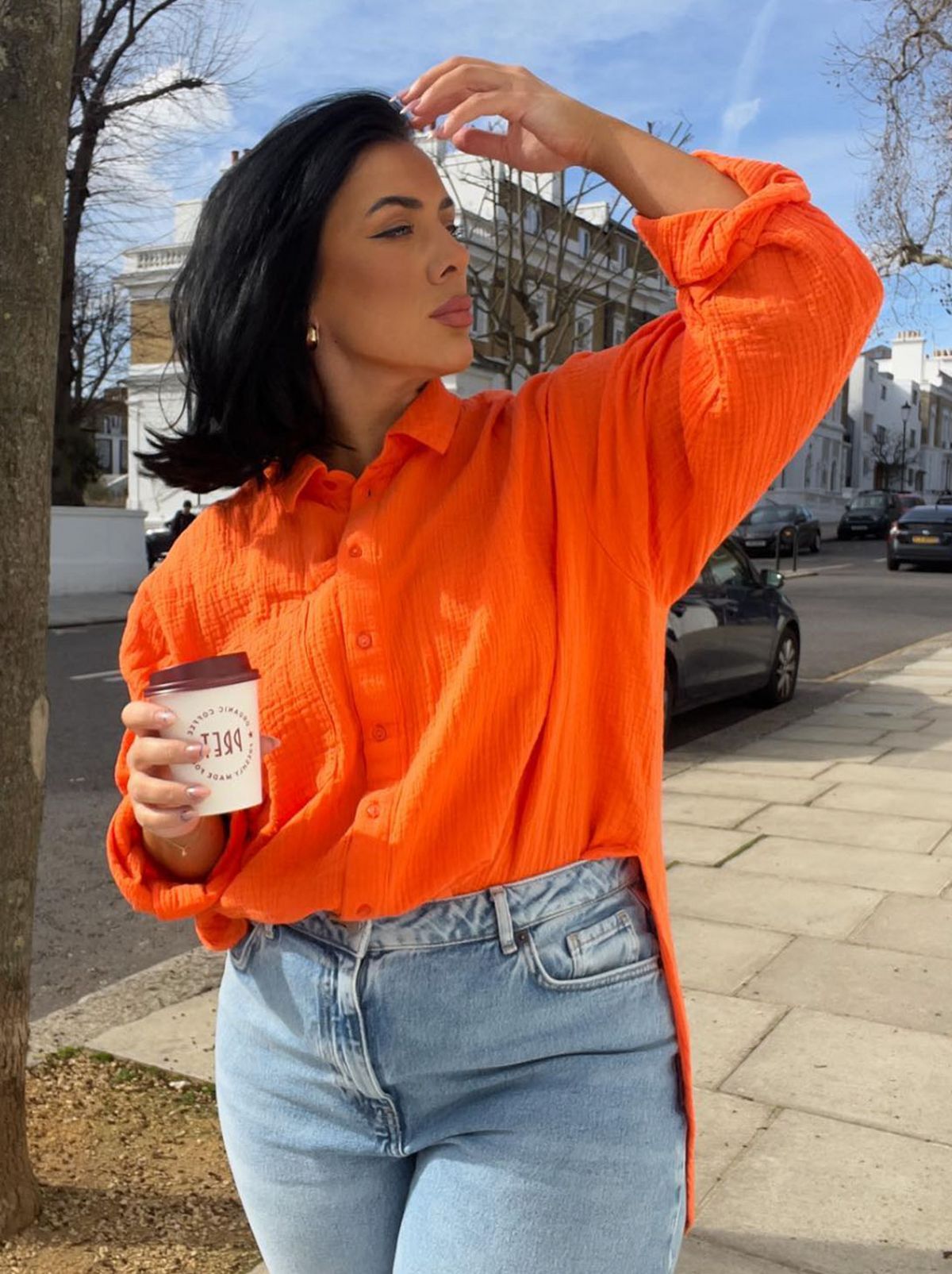 Orange shirt and jeans on sale