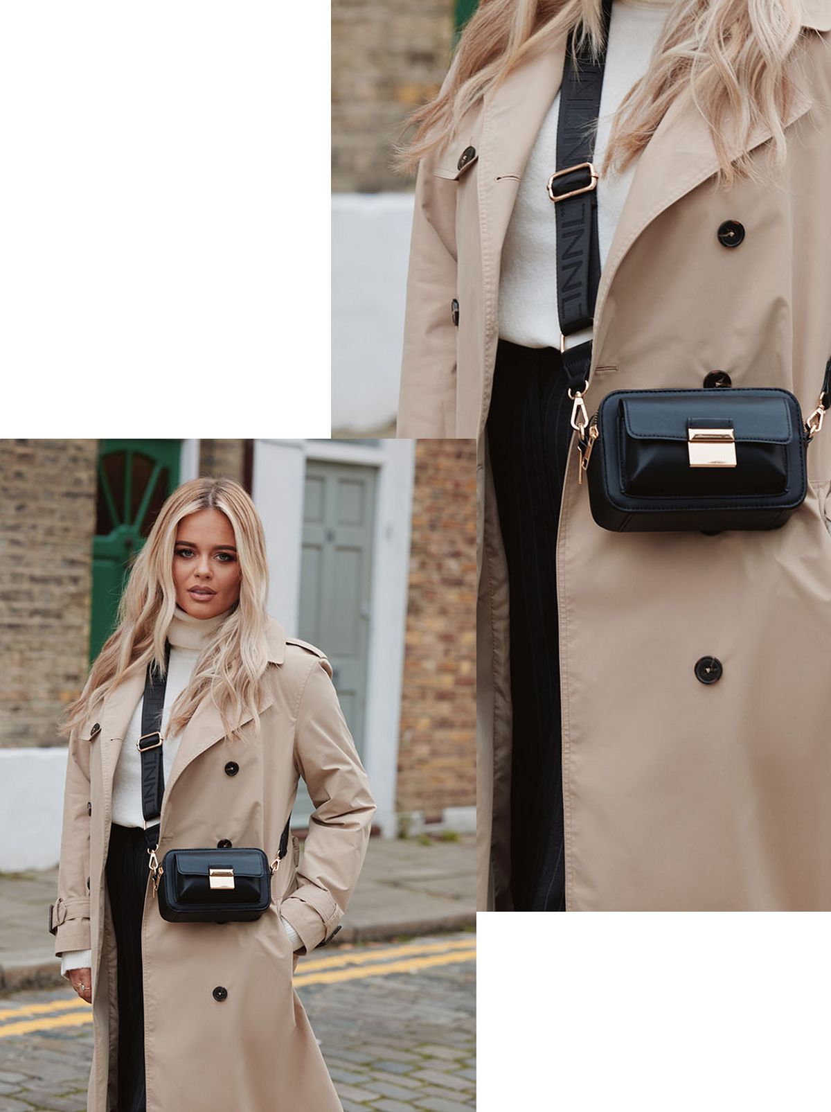 Emily Atack stands in the street looking at the camera wearing a white turtleneck, beige overcoat and a black shoulder bag