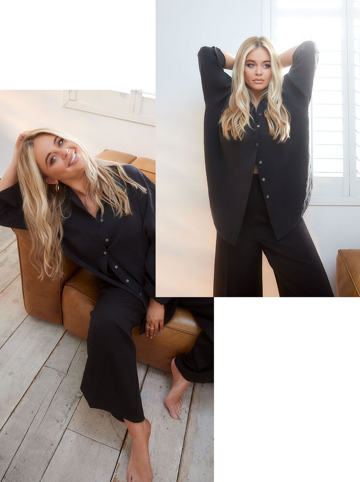 Emily Atack sits down on a brown leather couch while smiling at the camera and wearing black matching trousers and a button up long sleeve shirt