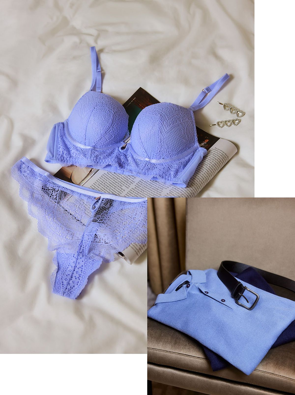 A lilac lace bra and matching briefs set is lying on a cream duvet. A lilac shirt is folded on a couch with a brown belt resting on it