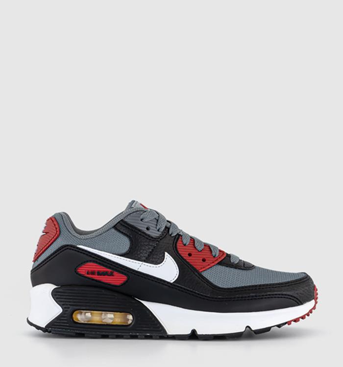 Nike Air Max 90 GS Trainers Black White Cool Grey Gym Red