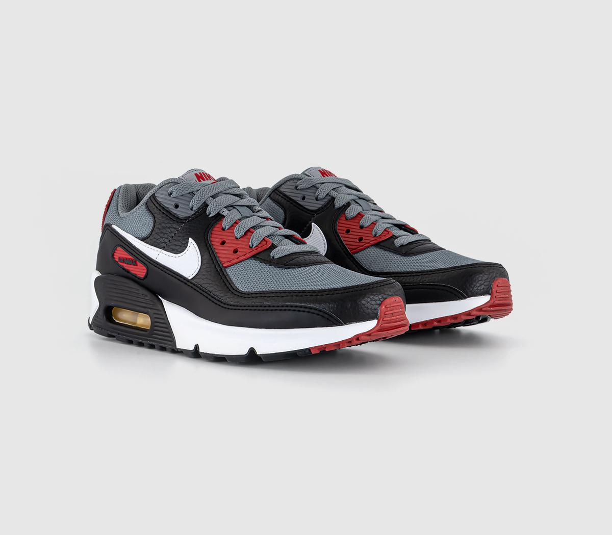 Nike Air Max 90 GS Trainers Black White Cool Grey Gym Red