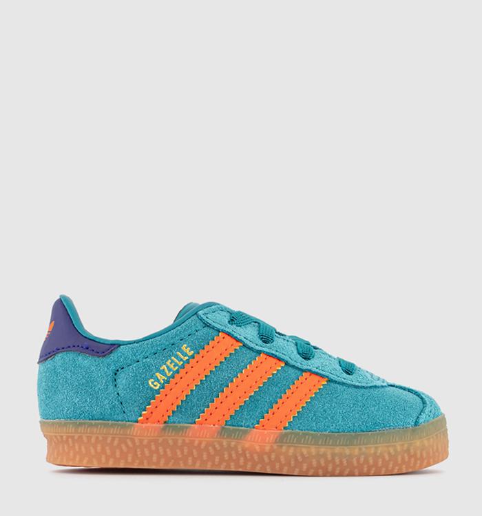 adidas Gazelle 2 Infant Trainers Pure Teal Impact Orange Collegiate Purple
