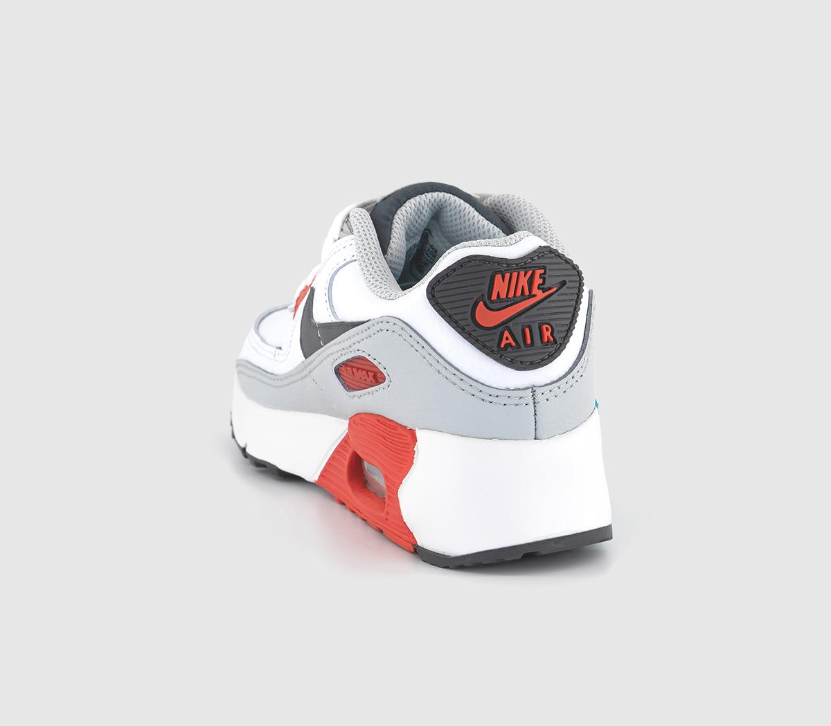 NikeAir Max 90 Kids TrainersWhite Iron Grey Chlorine Blue Fusion Red