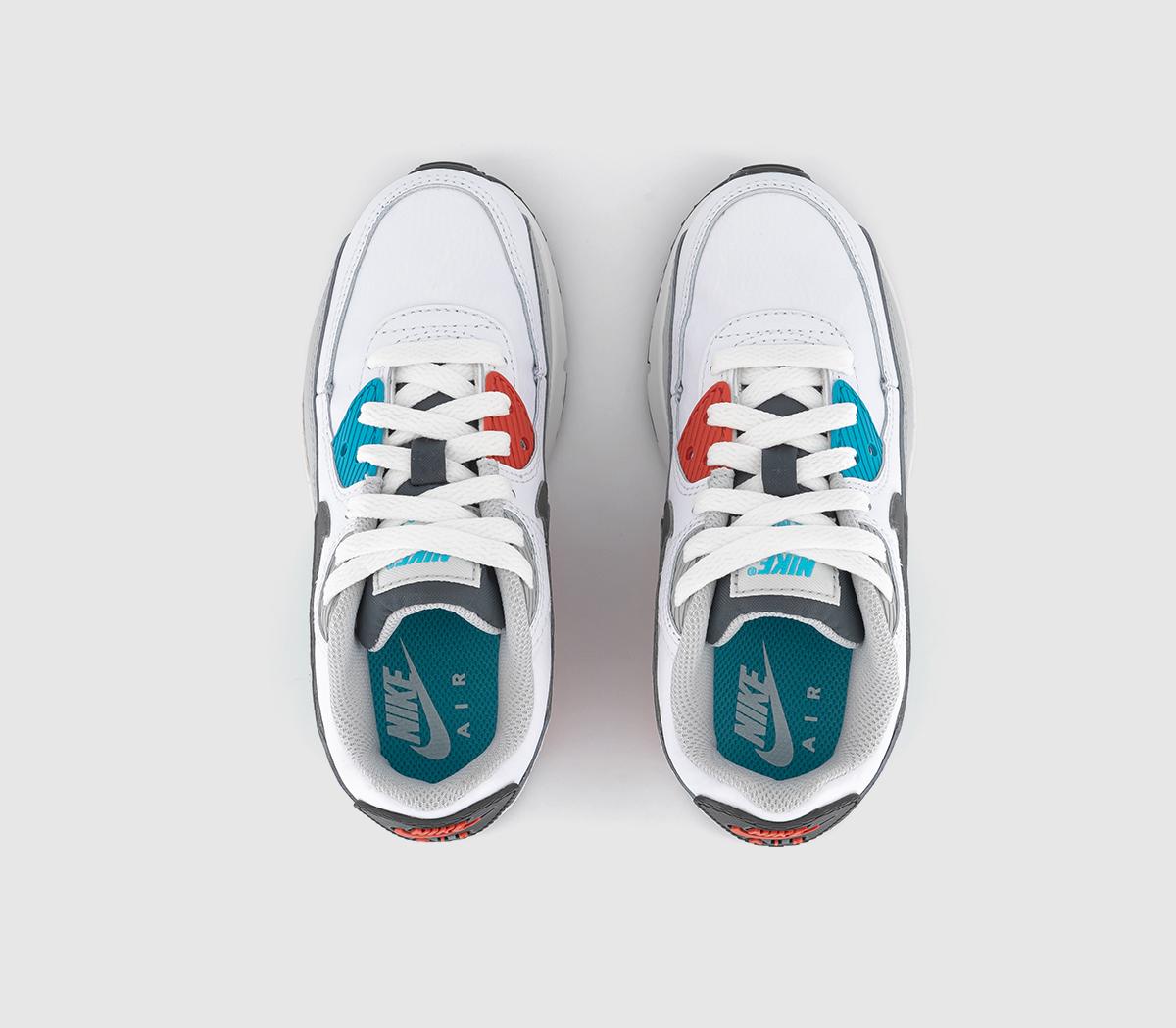 NikeAir Max 90 Kids TrainersWhite Iron Grey Chlorine Blue Fusion Red