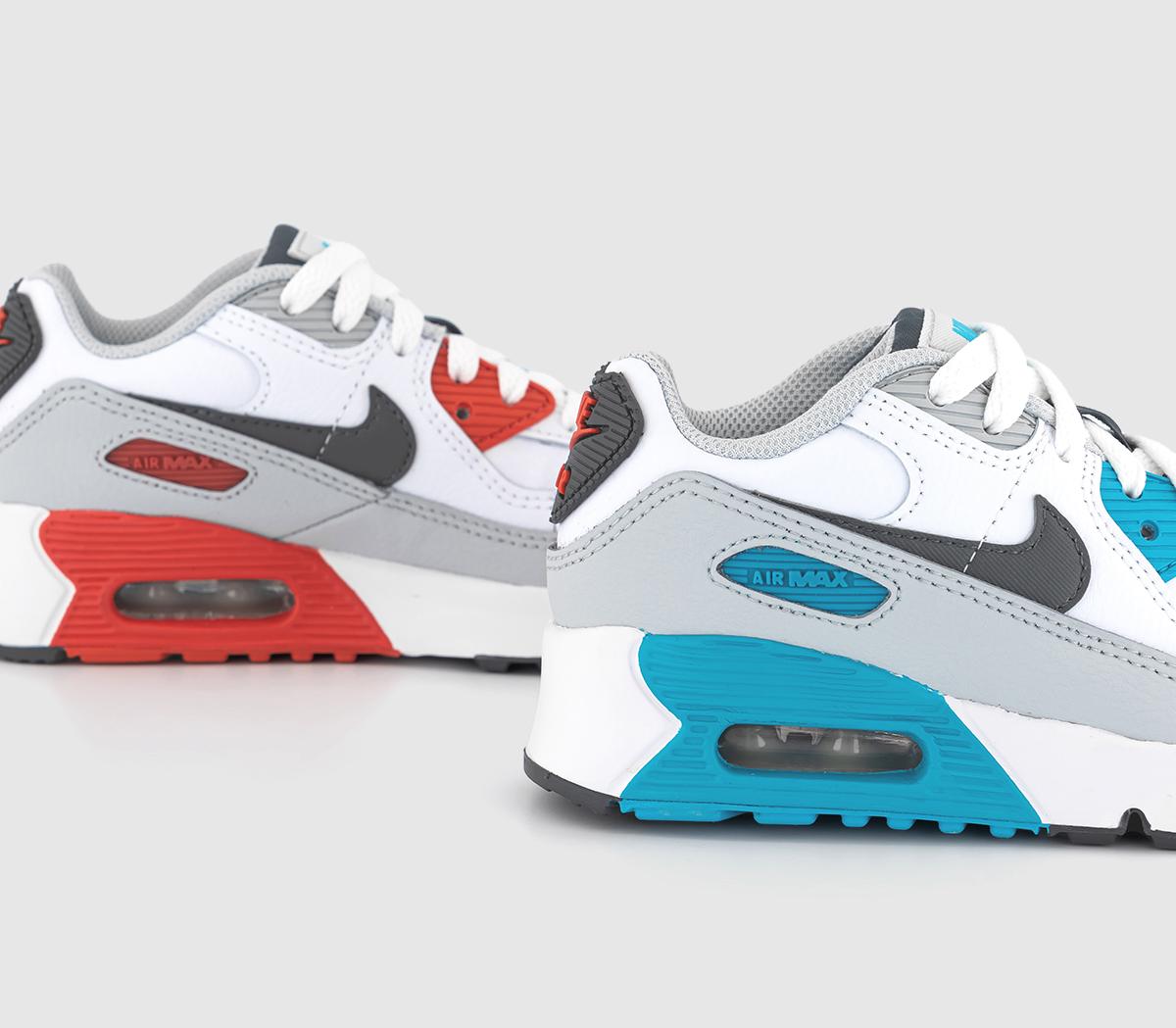 NikeAir Max 90 Kids TrainersWhite Iron Grey Chlorine Blue Fusion Red