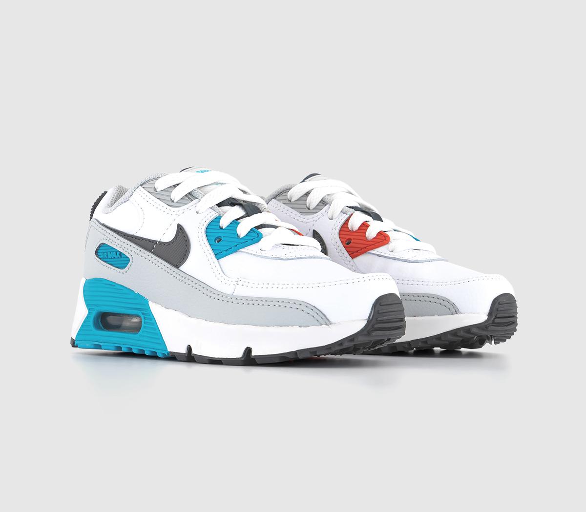 NikeAir Max 90 Kids TrainersWhite Iron Grey Chlorine Blue Fusion Red