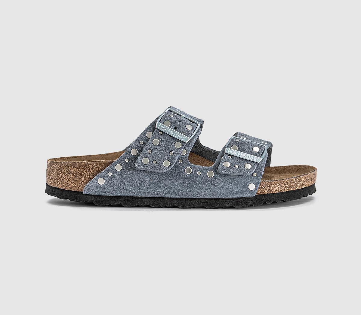 Birkenstock Arizona Two Strap Sandals Stone Rivet Blue in Women's Size 6, Office Shoes