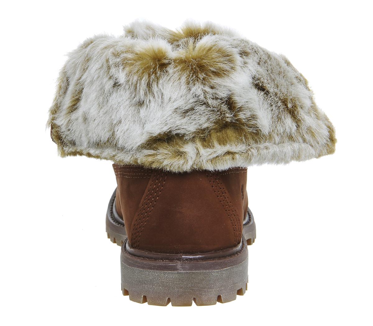 Timberland Fur Fold Down Boots Cognac Nubuck Burnished Women's Ankle