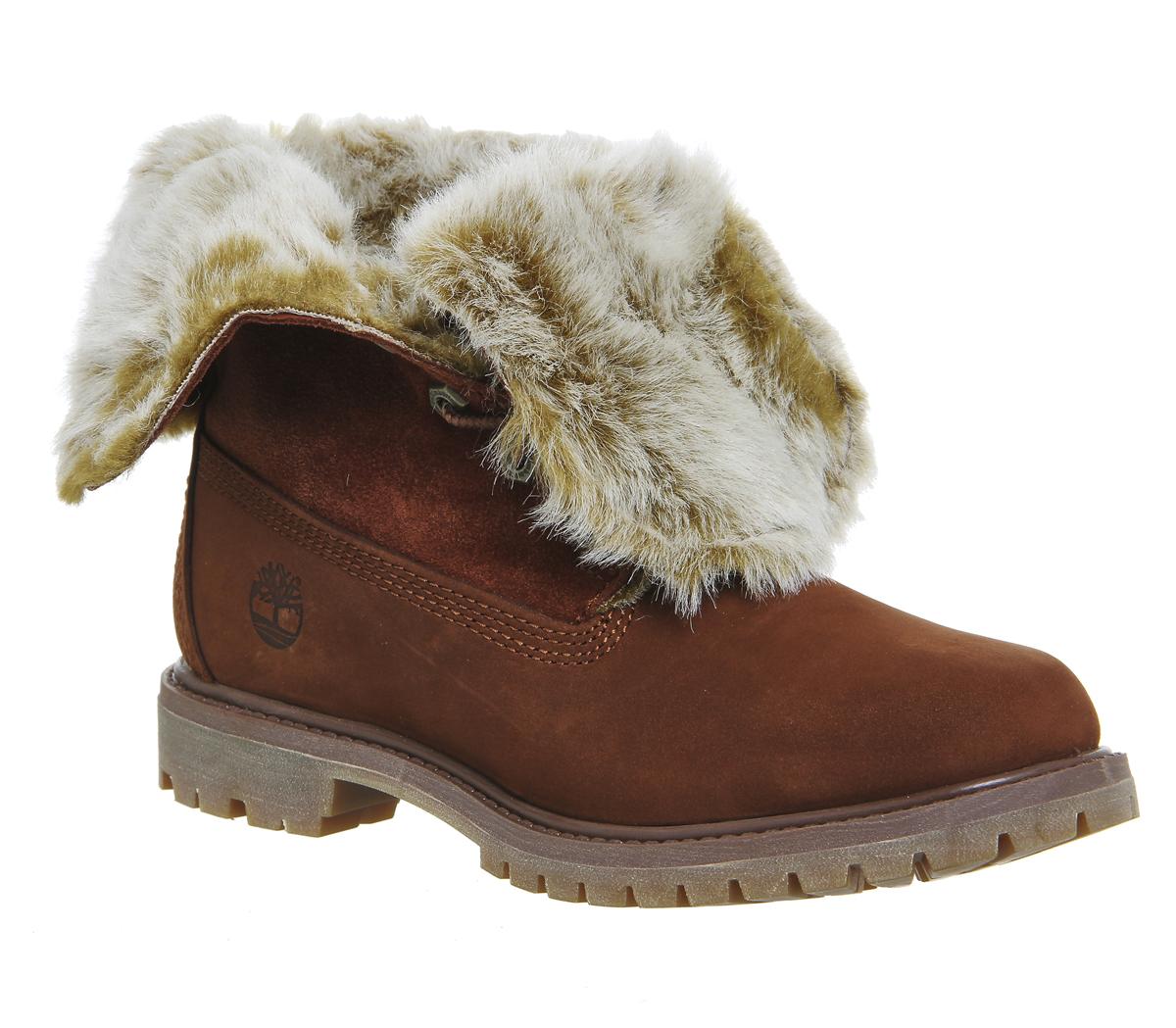 Timberland Fur Fold Down Boots Cognac Nubuck Burnished Women's Ankle