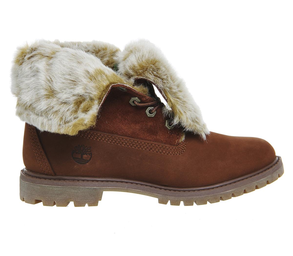 Timberland Fur Fold Down Boots Cognac Nubuck Burnished Women's Ankle