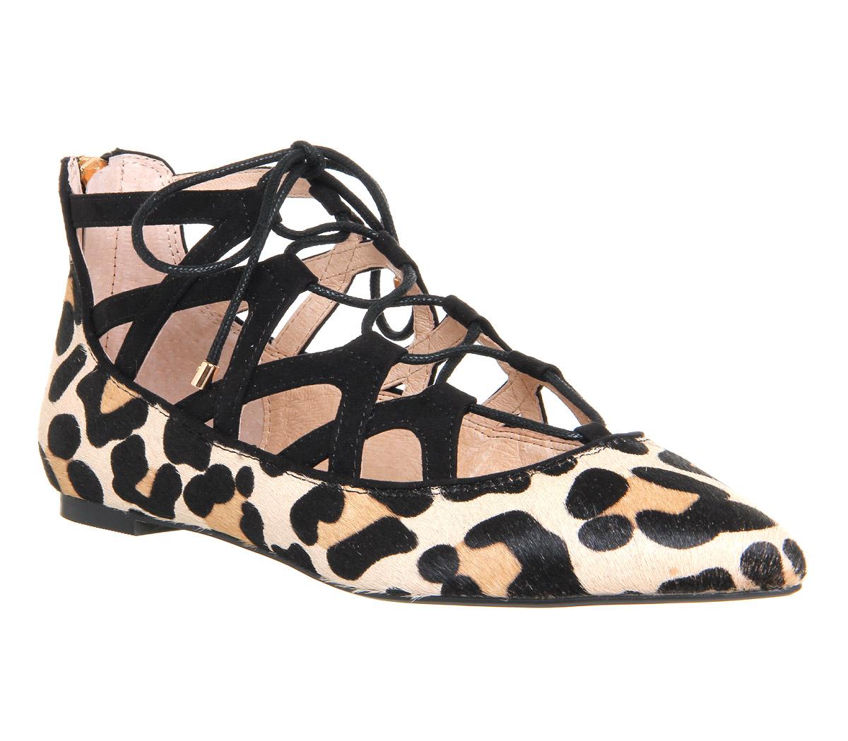 OFFICE Vibrant Lace Up Flats Leopard Cow Hair Effect - Flat Shoes for Women