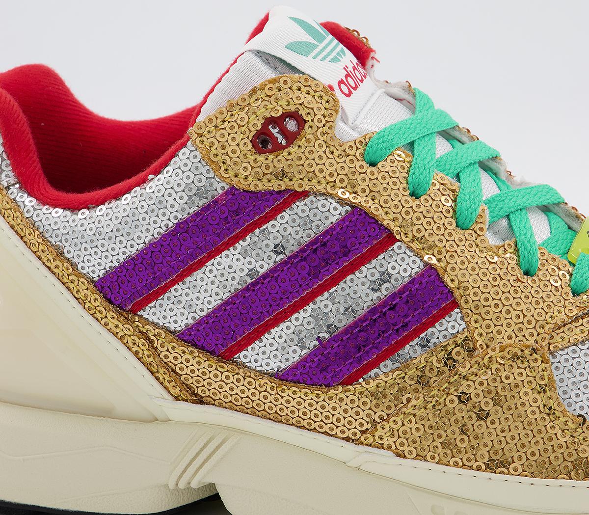 adidas gazelle silver green womens ADIDAS Size 8.5 Gold Silver Sequined Lace Up Torsion ZX 6000 Sneakers  Sui  Generis Designer Consignment