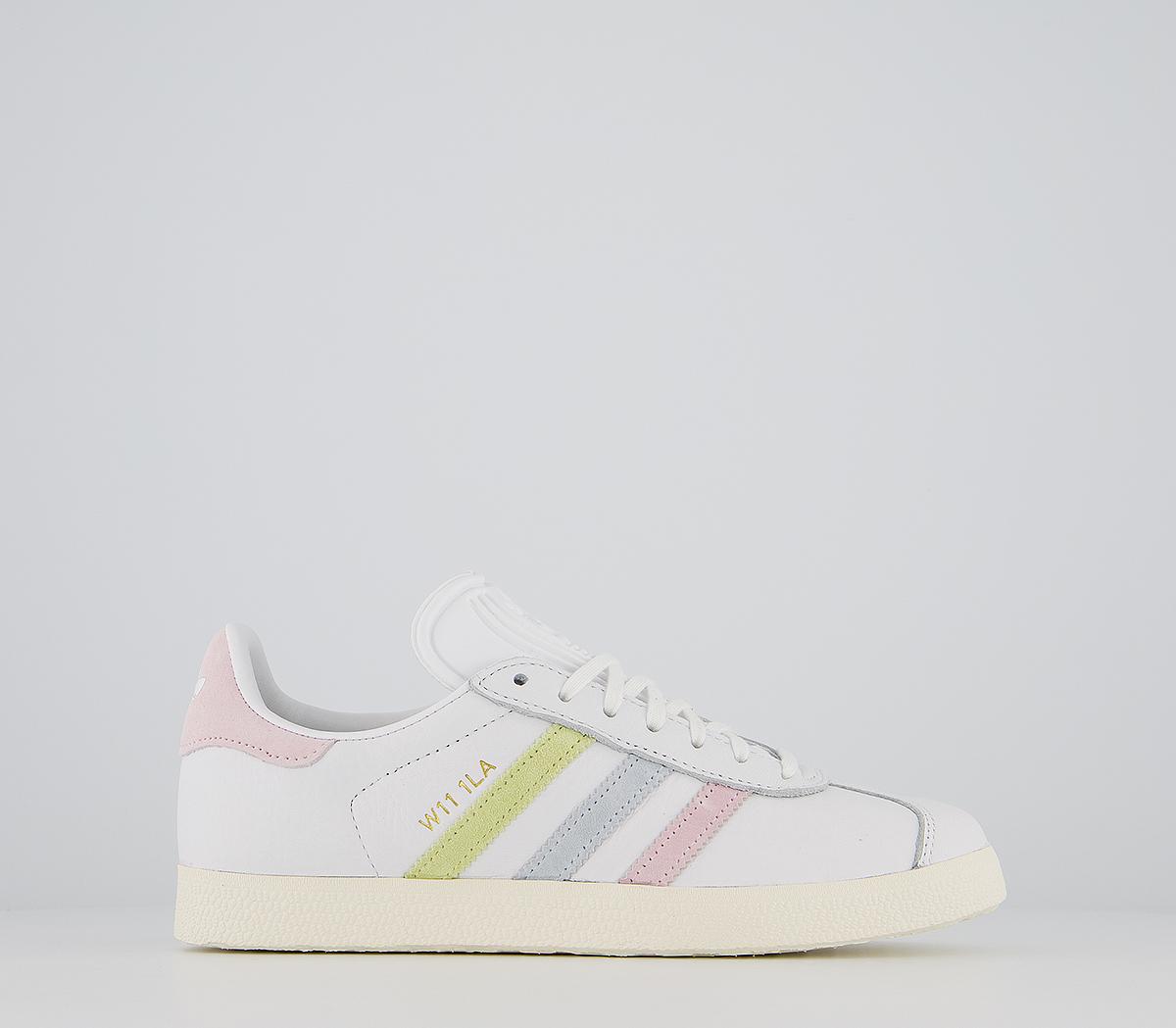 Adidas gazelle white shop with pink stripes