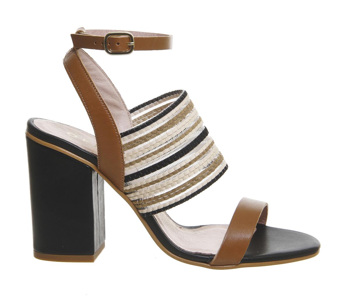 OFFICE Time 3 Strap Block Heel Sandals Tan Black - High Heels