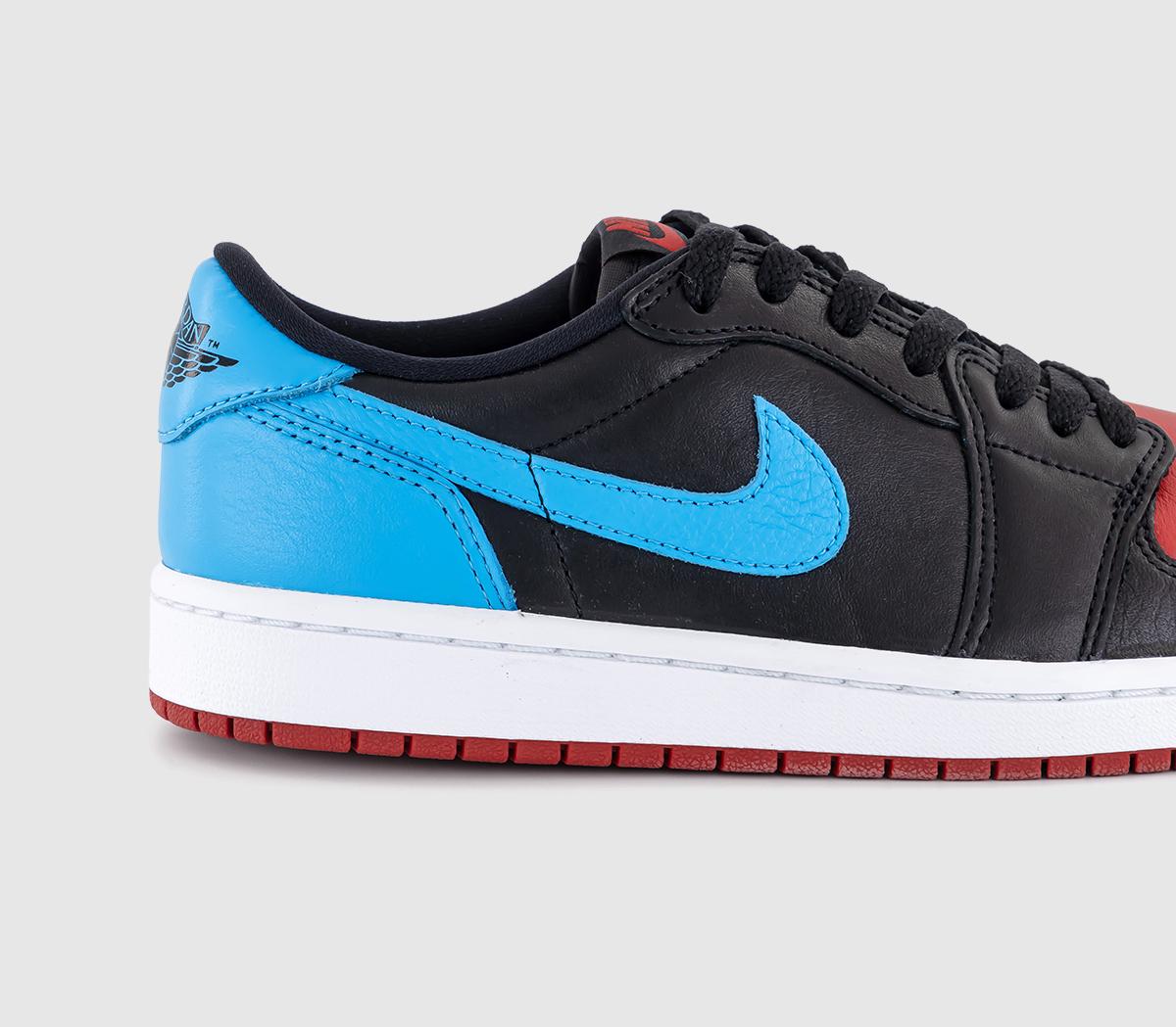 JordanAir Jordan 1 Low TrainersBlack Dark Powder Blue Gym Red